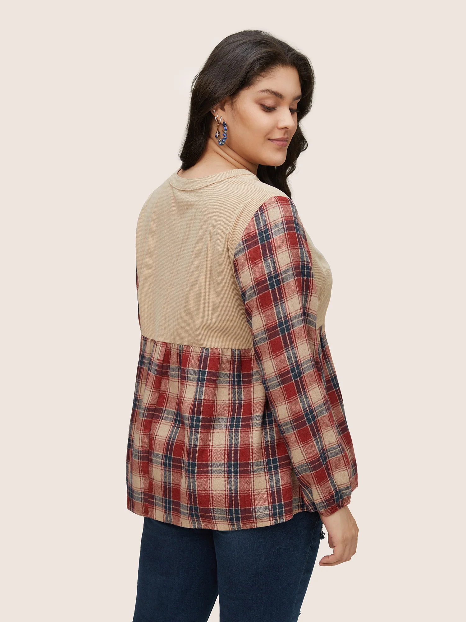 Corduroy Patchwork Plaid Notched Button Detail Blouse - Image 4