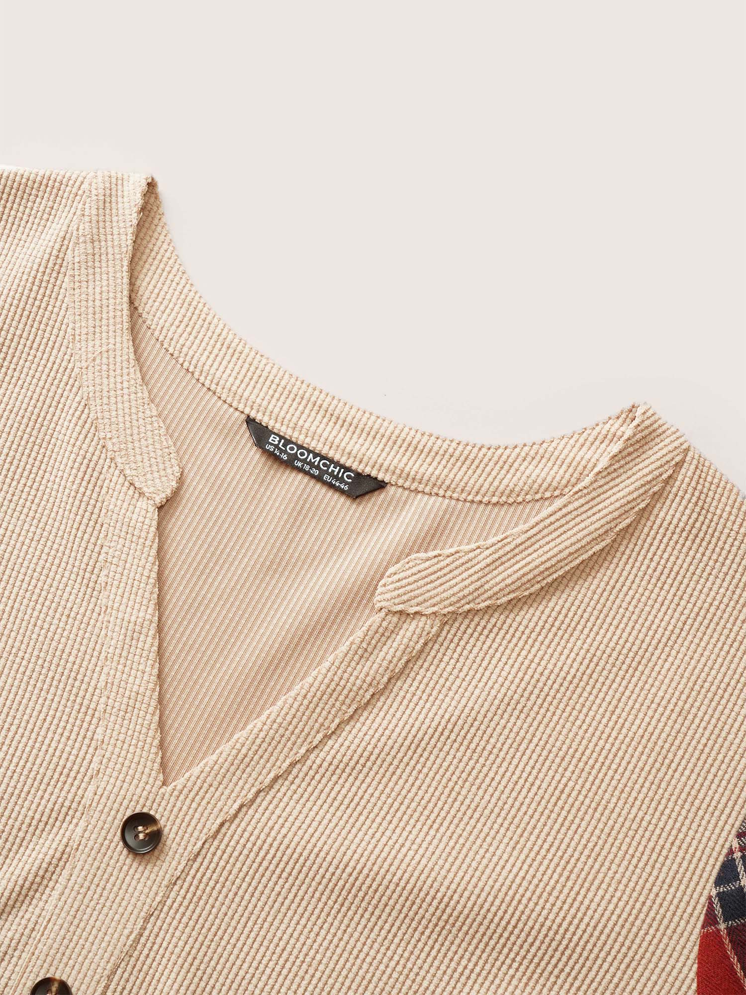 Corduroy Patchwork Plaid Notched Button Detail Blouse - Image 5