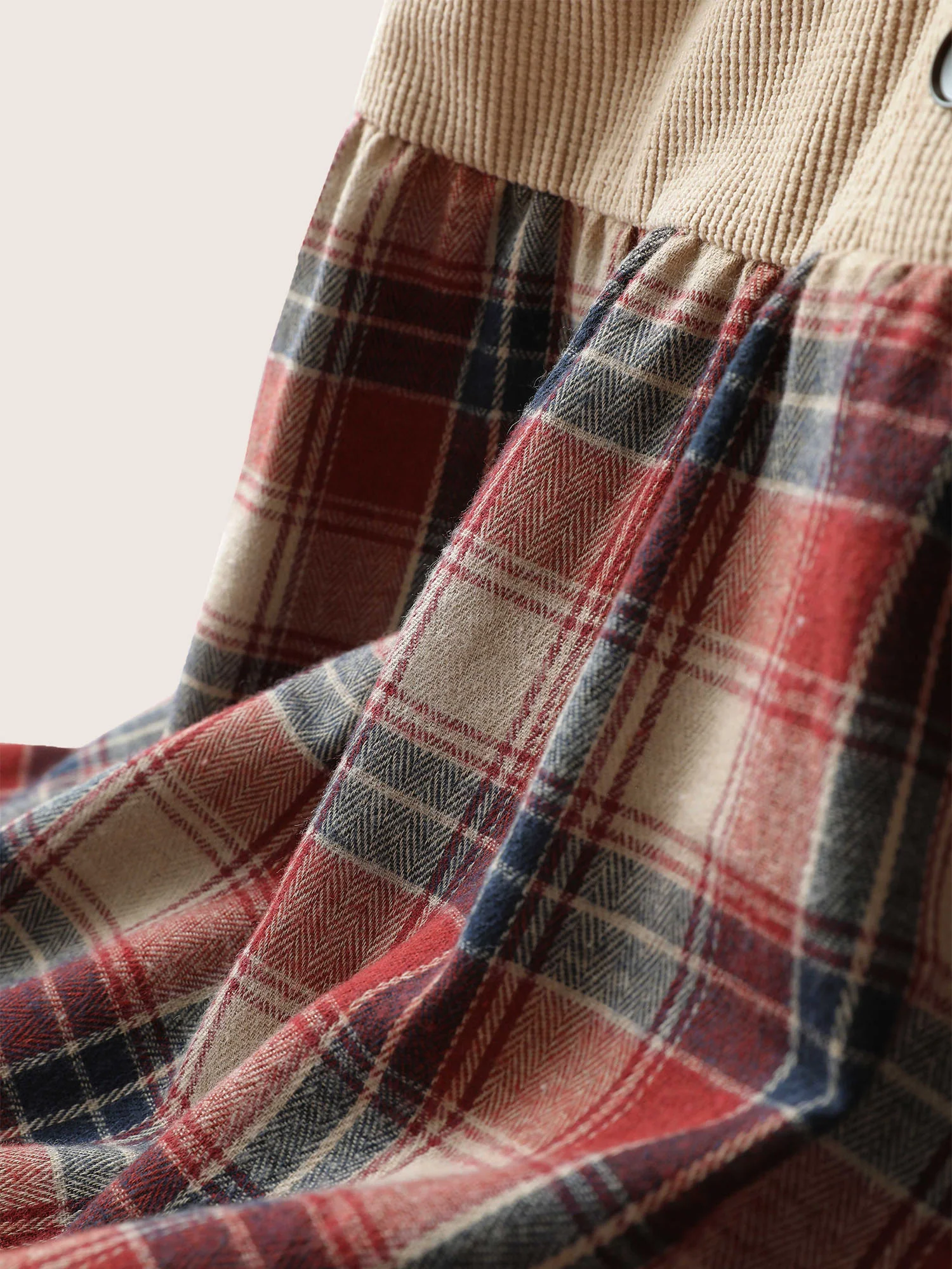 Corduroy Patchwork Plaid Notched Button Detail Blouse - Image 6