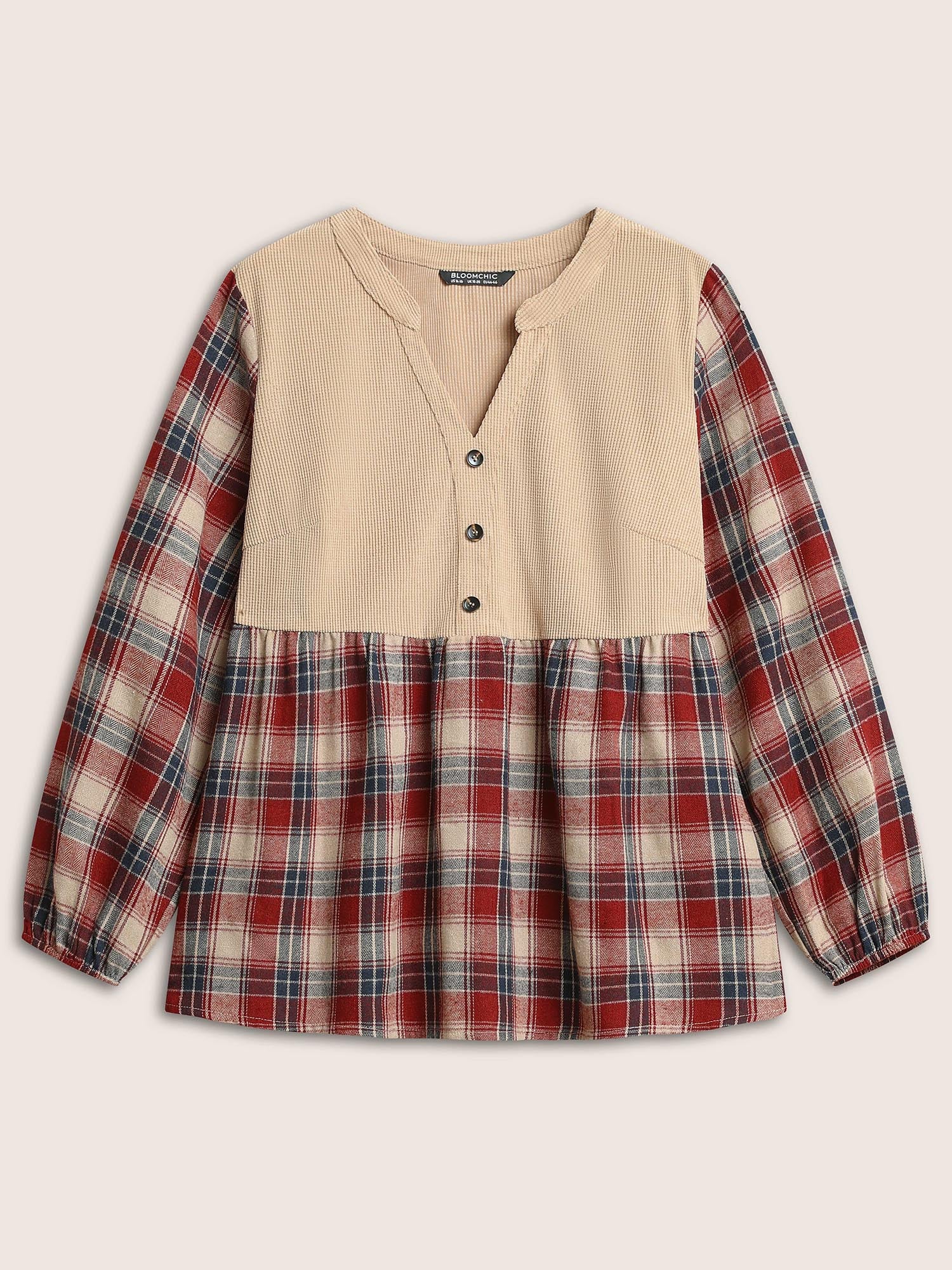 Corduroy Patchwork Plaid Notched Button Detail Blouse - Image 7