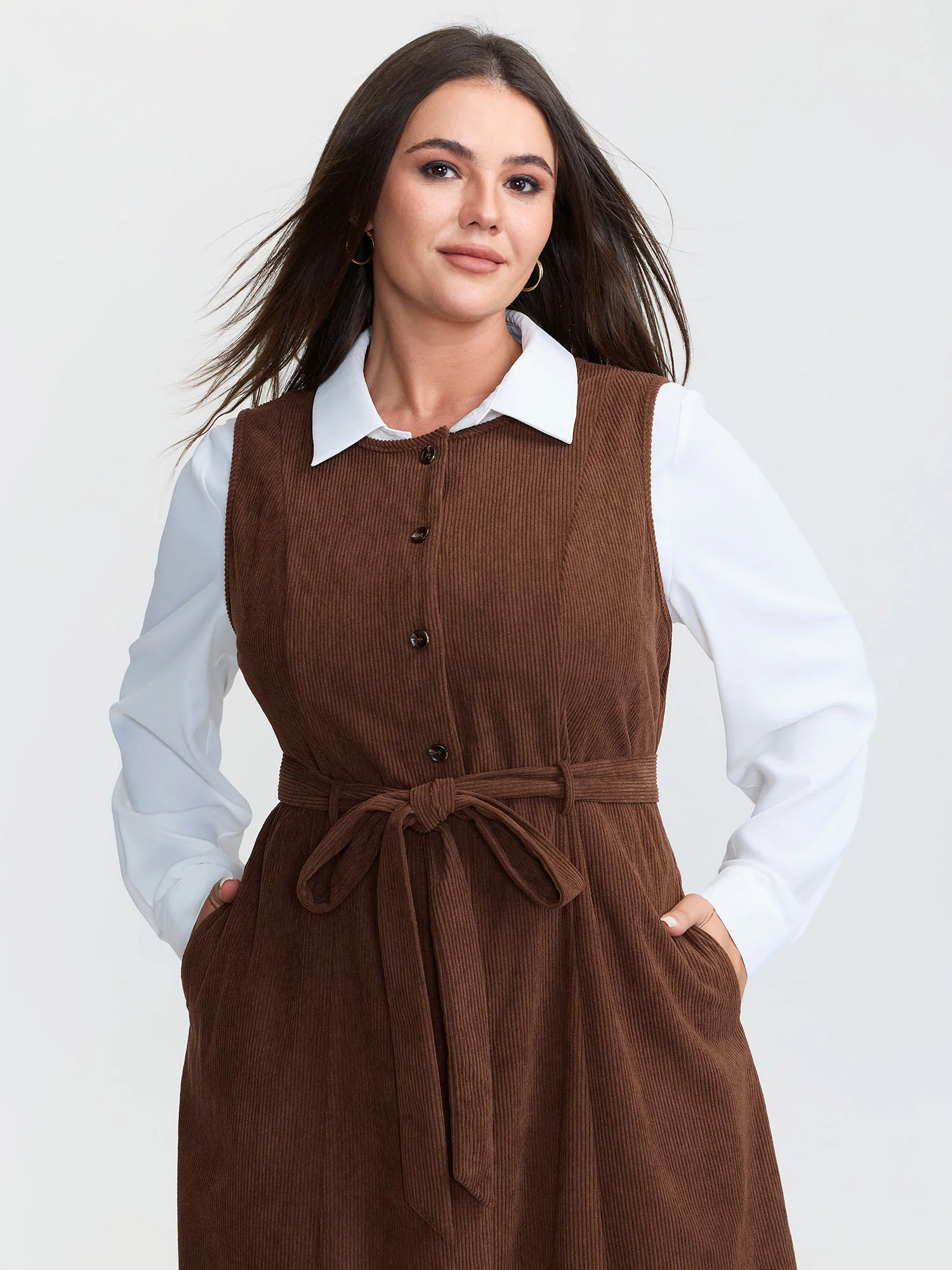 Corduroy Placket Belted Midi Dress - Image 2