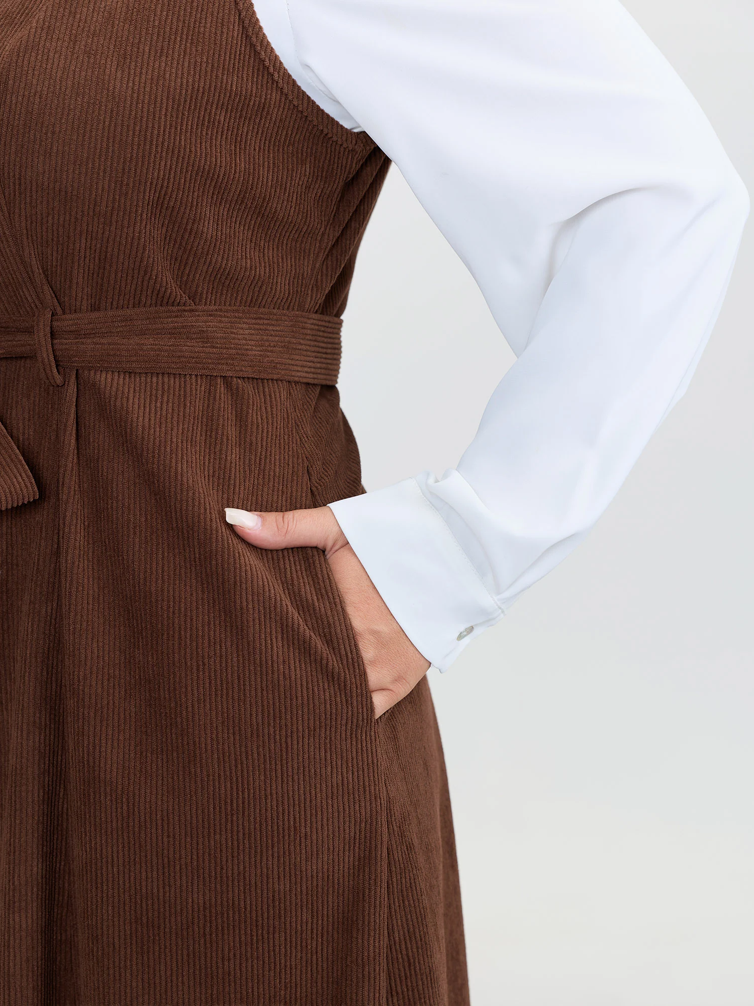 Corduroy Placket Belted Midi Dress - Image 4