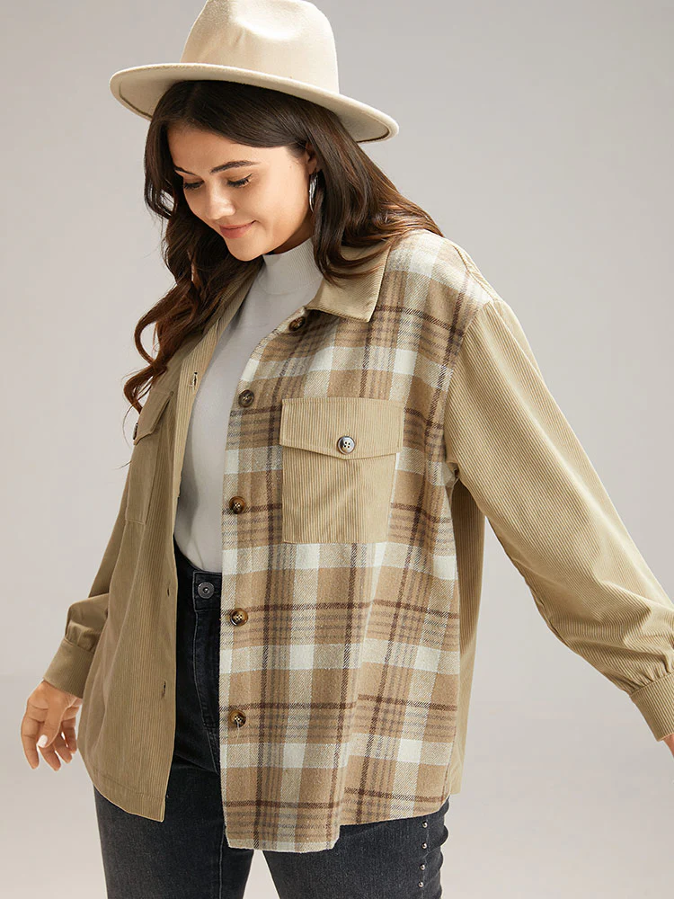 Corduroy Plaid Patchwork Pocket Jacket - Image 3
