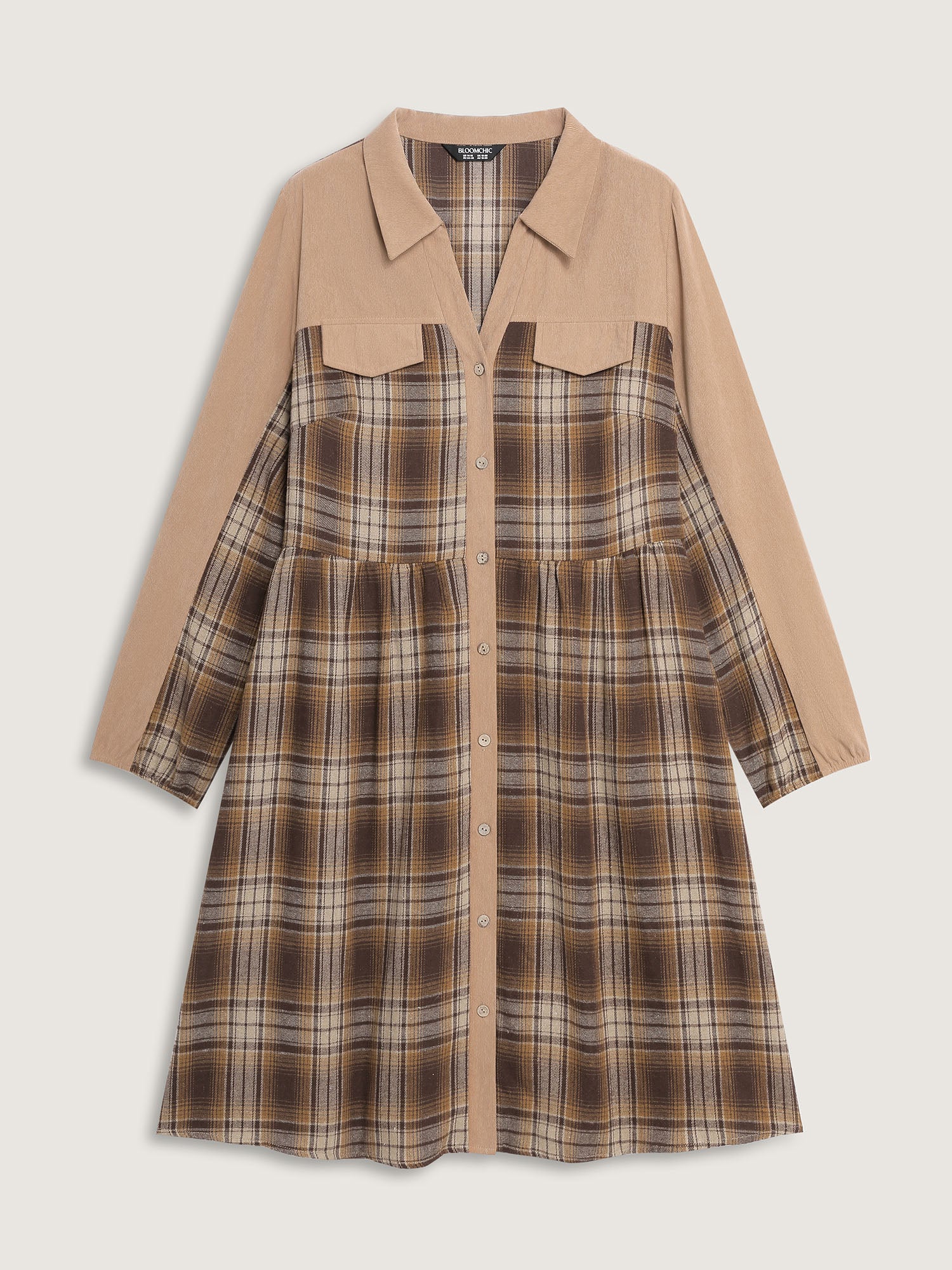 Corduroy Plaid Pattern Contrast Midi Dress - Image 7