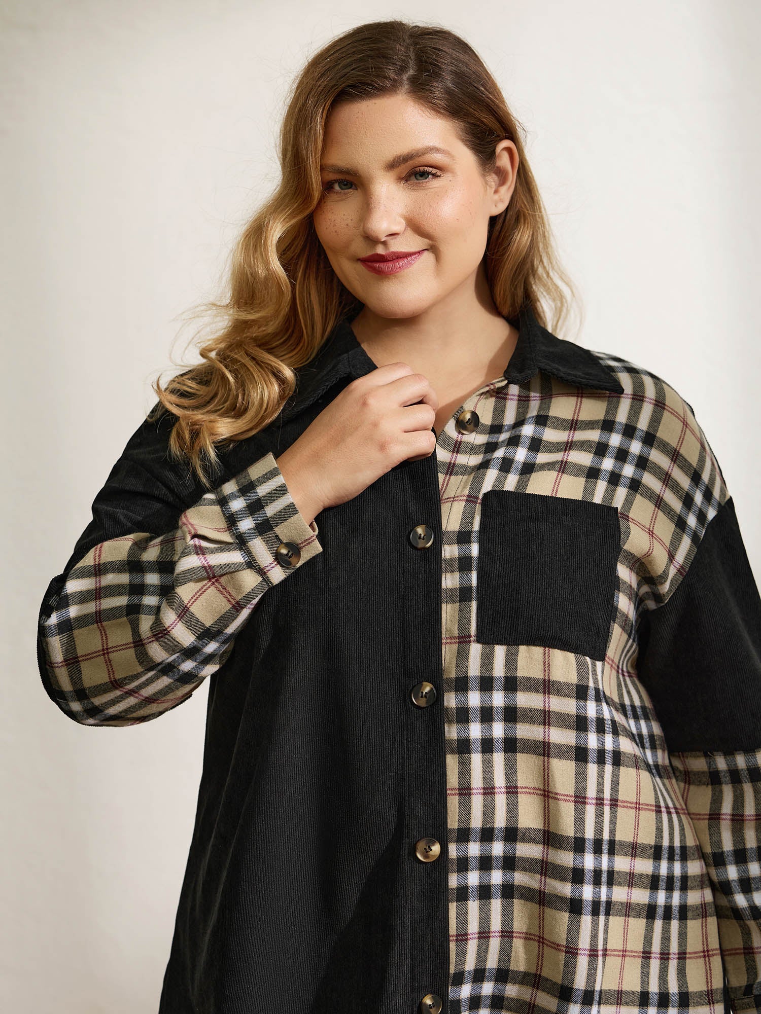Corduroy Plaid Print Contrast Jacket - Image 2