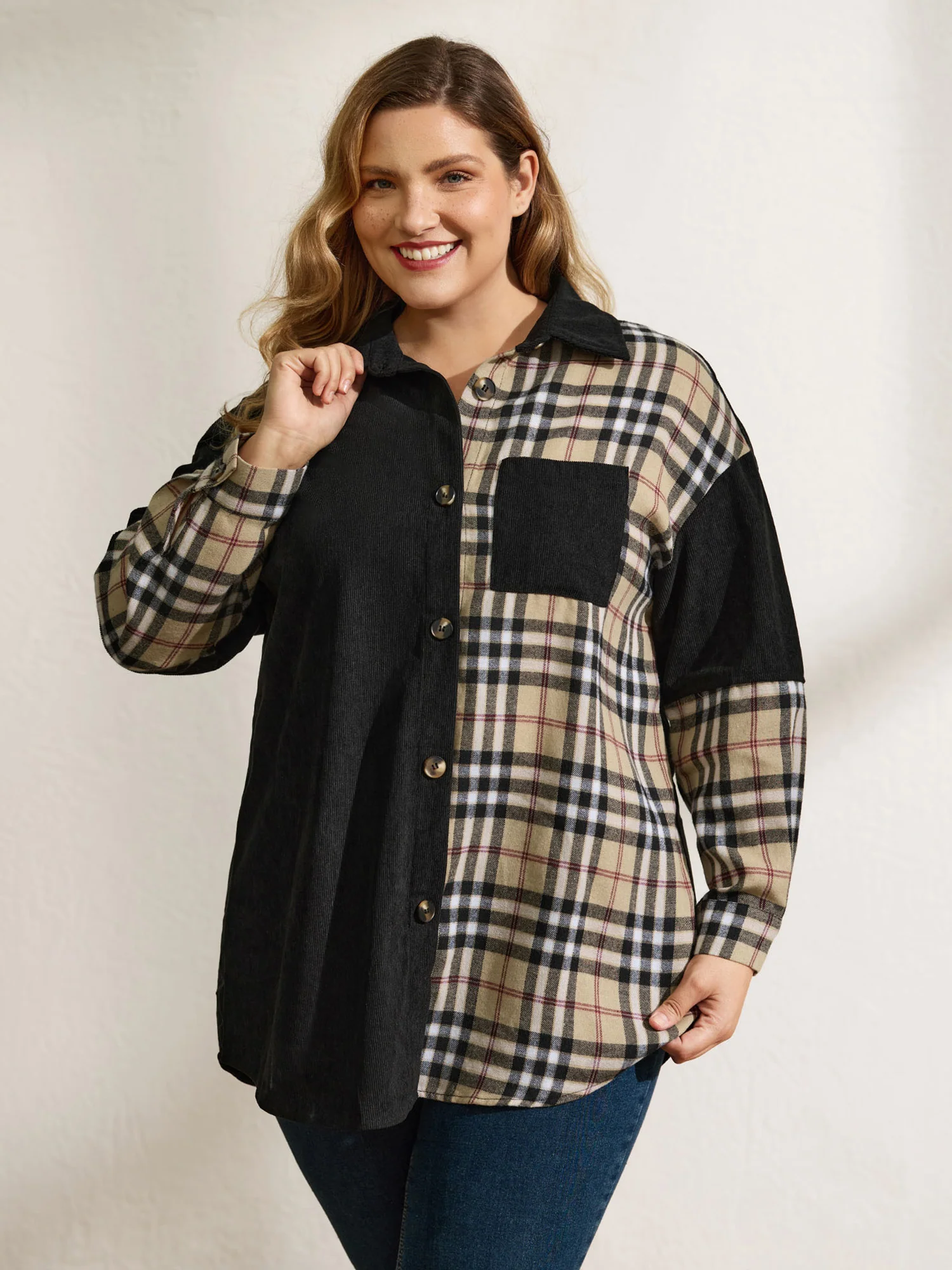 Corduroy Plaid Print Contrast Jacket - Image 3
