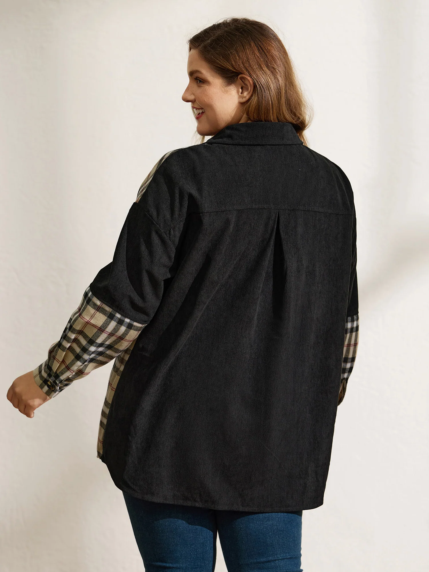 Corduroy Plaid Print Contrast Jacket - Image 4