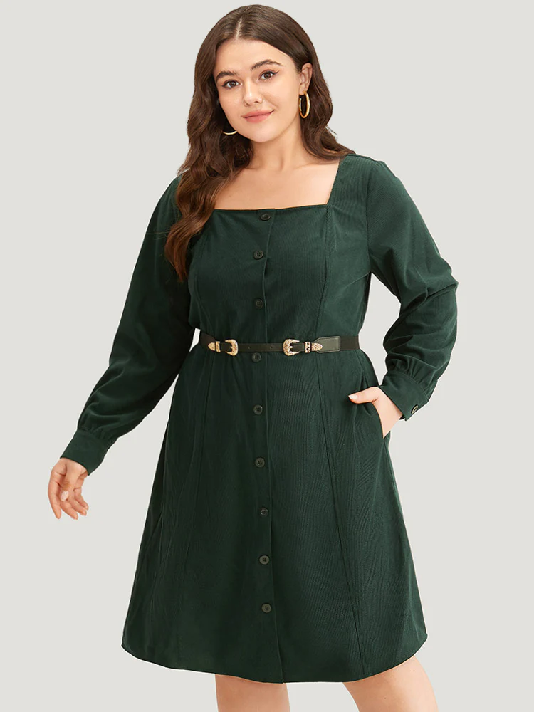 Corduroy Plain Pocket Button Detail Dress