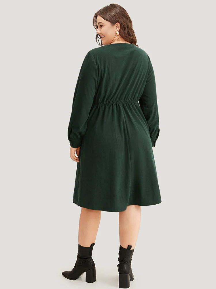 Corduroy Plain Pocket Button Detail Dress - Image 2