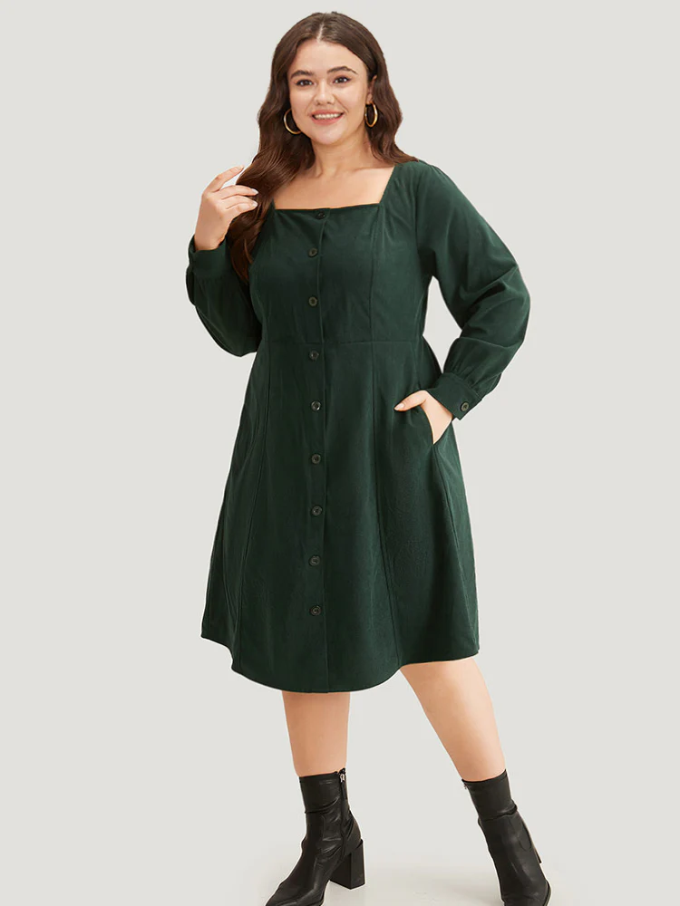 Corduroy Plain Pocket Button Detail Dress - Image 3