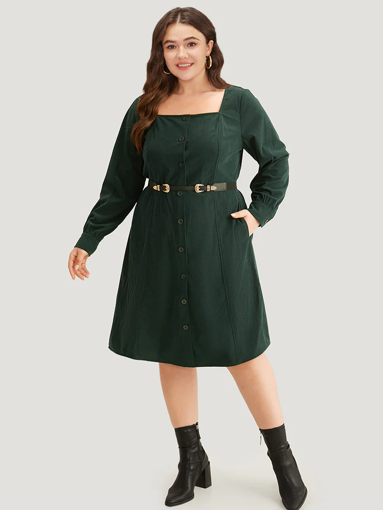 Corduroy Plain Pocket Button Detail Dress - Image 4