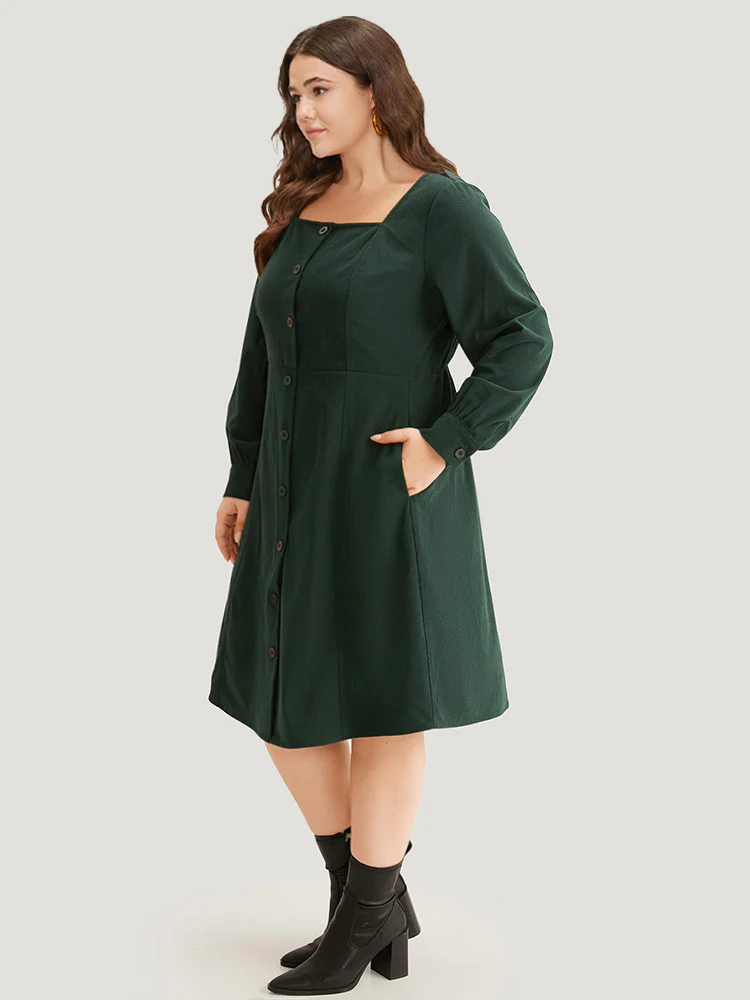 Corduroy Plain Pocket Button Detail Dress - Image 5