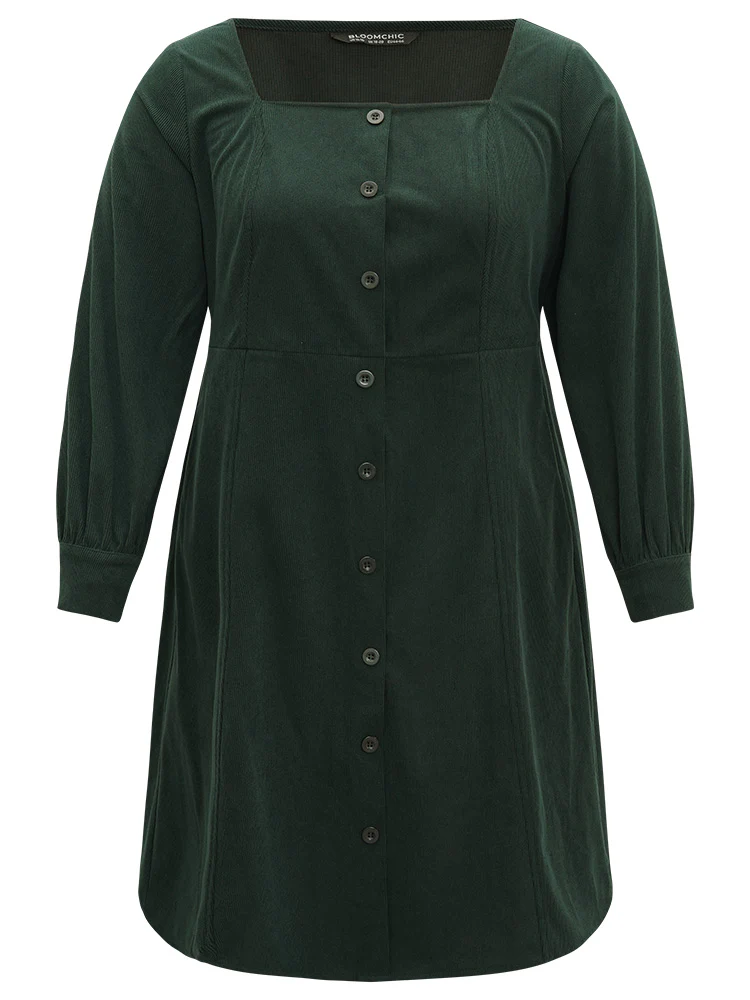 Corduroy Plain Pocket Button Detail Dress - Image 8