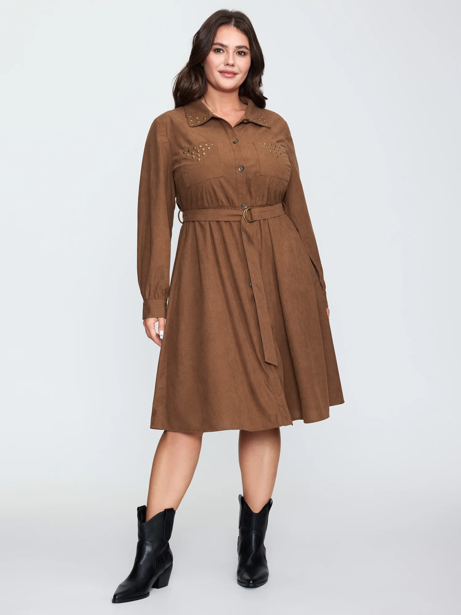 Corduroy Rivets Belted Waist Midi Shirt Dress - Image 2