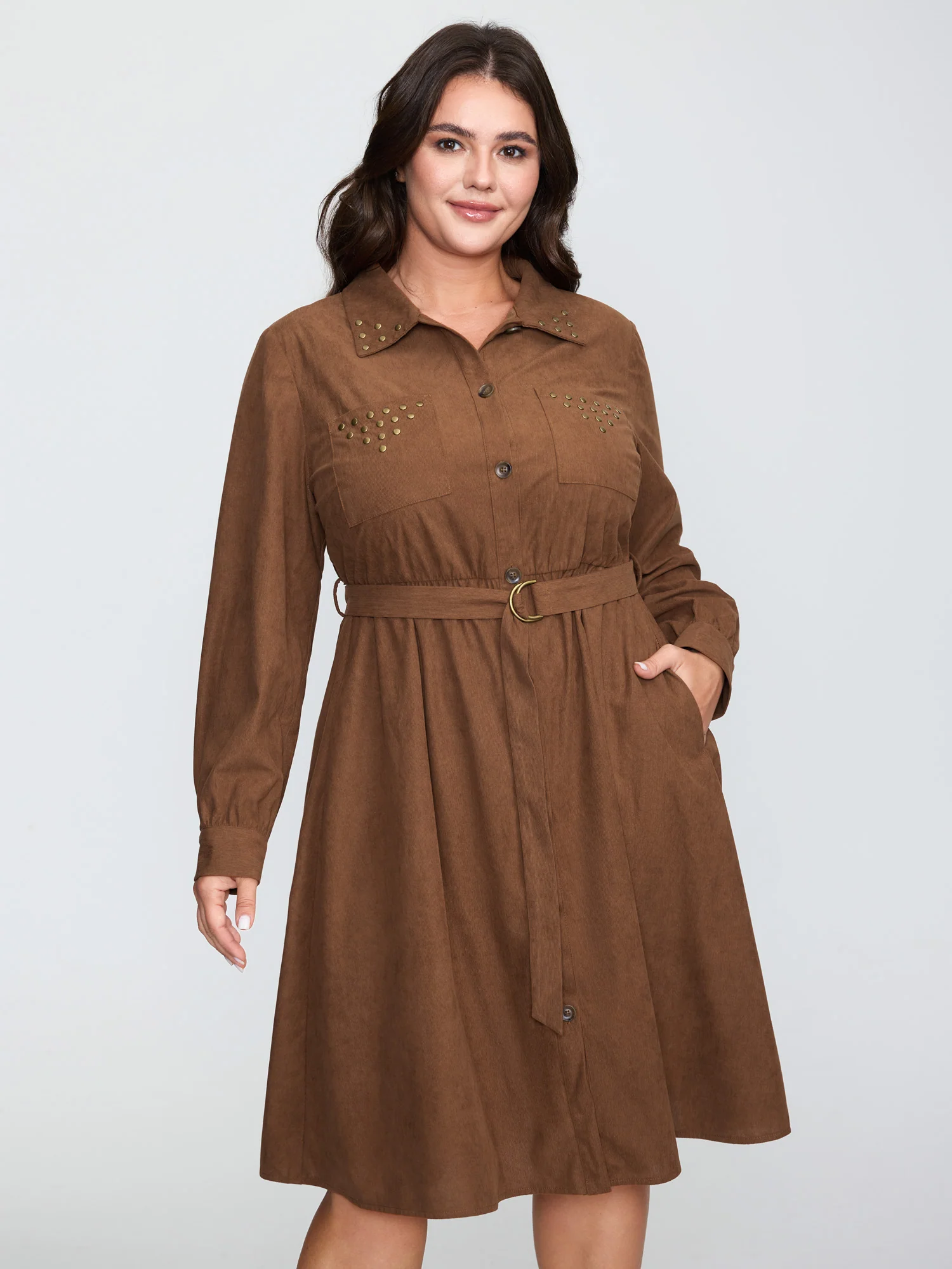 Corduroy Rivets Belted Waist Midi Shirt Dress - Image 3