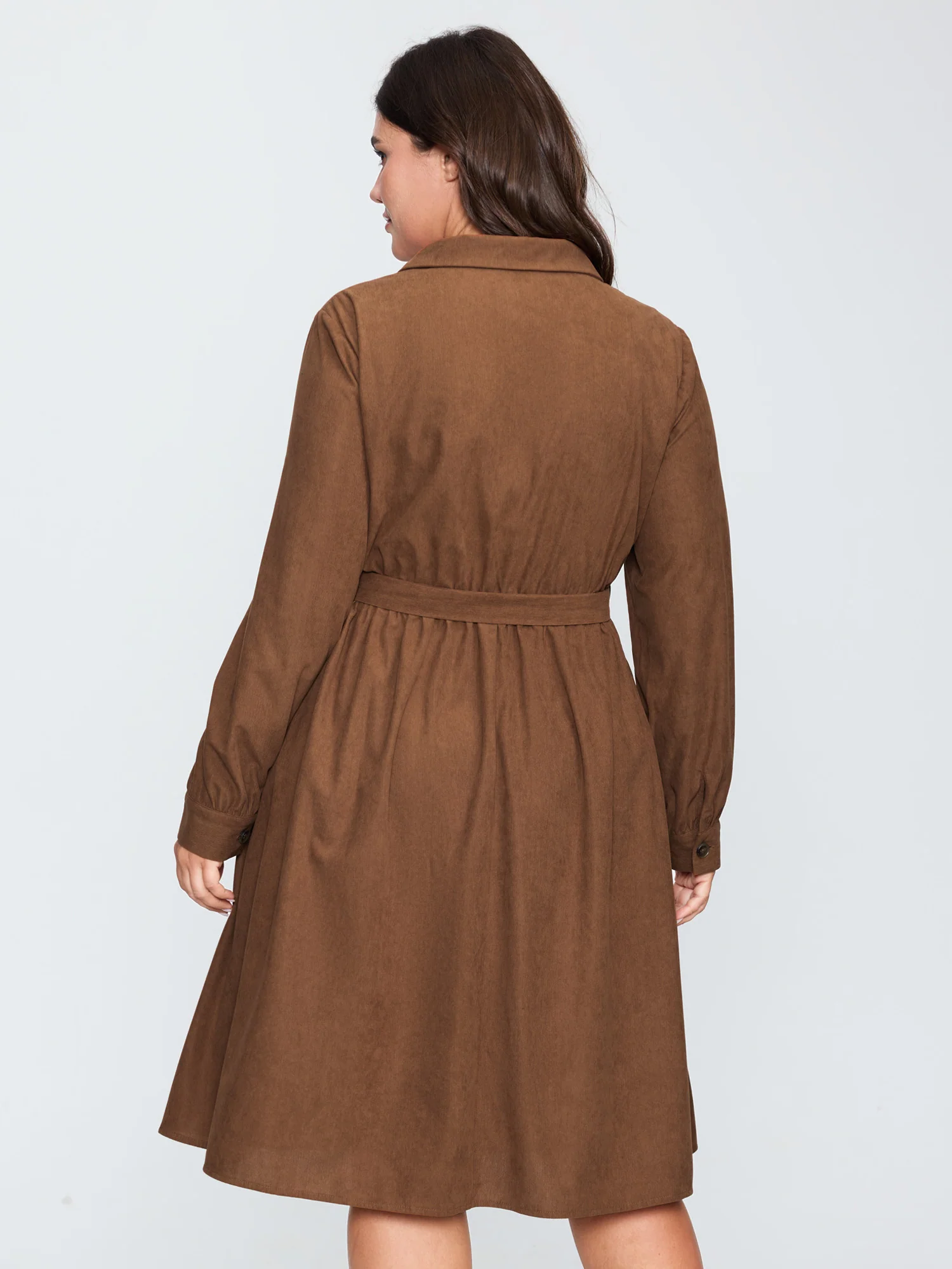 Corduroy Rivets Belted Waist Midi Shirt Dress - Image 4