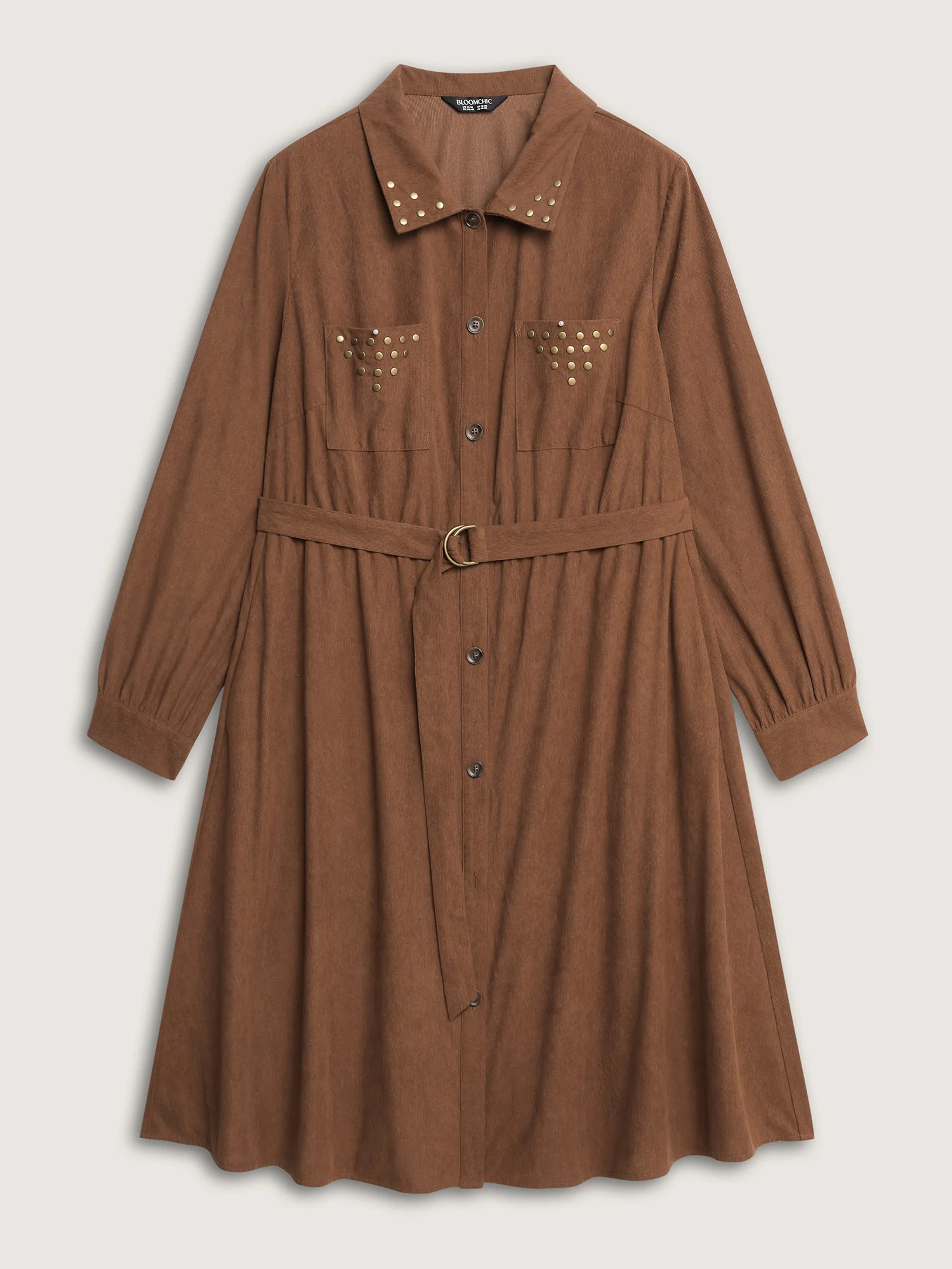 Corduroy Rivets Belted Waist Midi Shirt Dress - Image 5