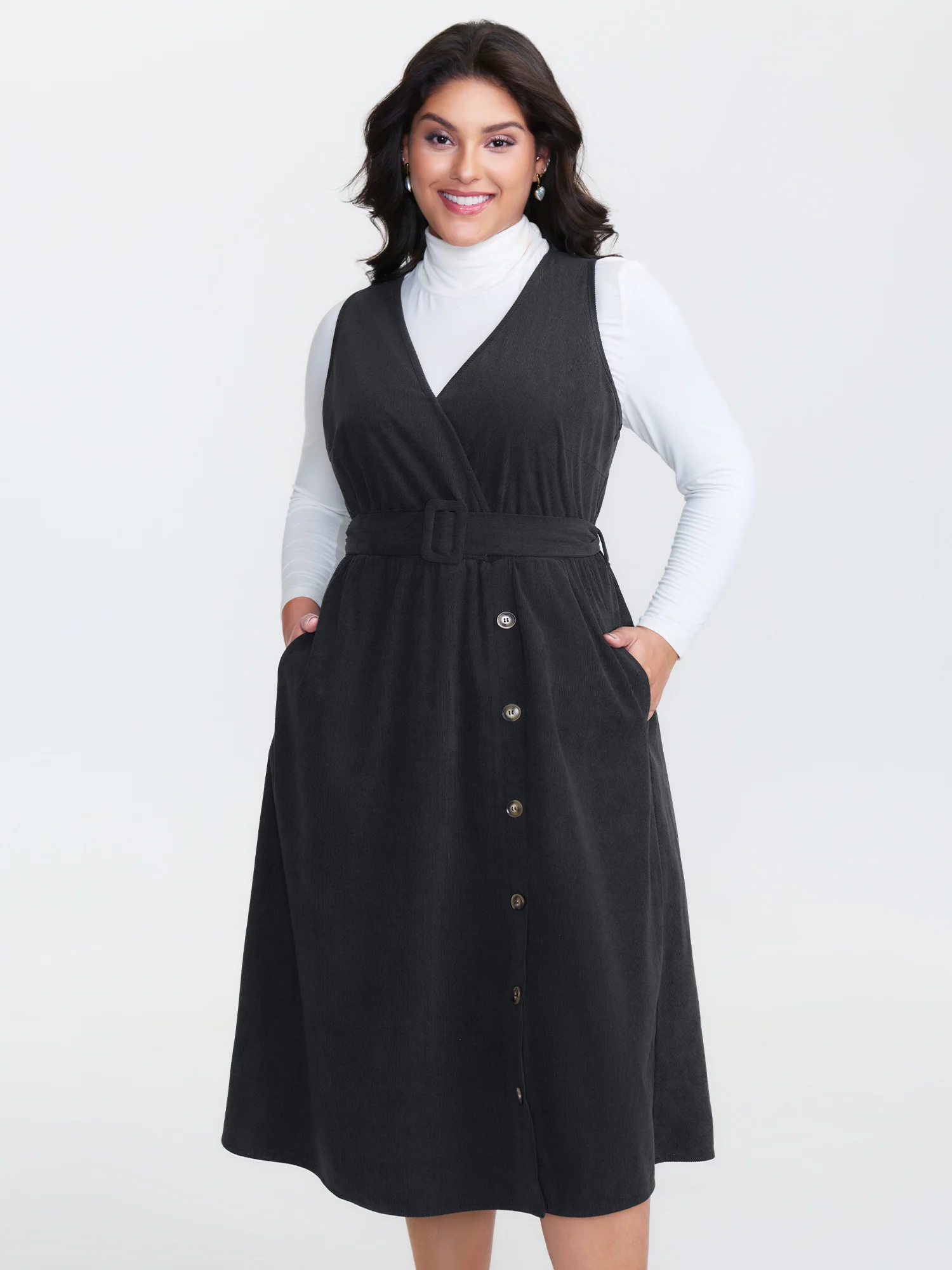 Corduroy Sleeveless Belted Side Midi Dress