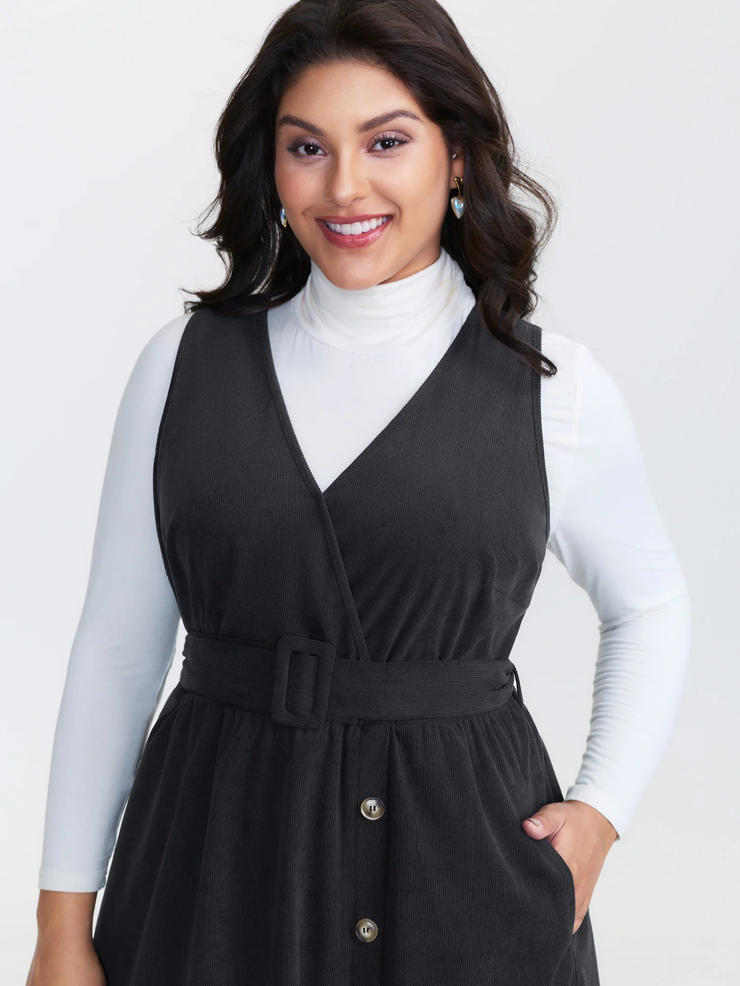 Corduroy Sleeveless Belted Side Midi Dress - Image 2