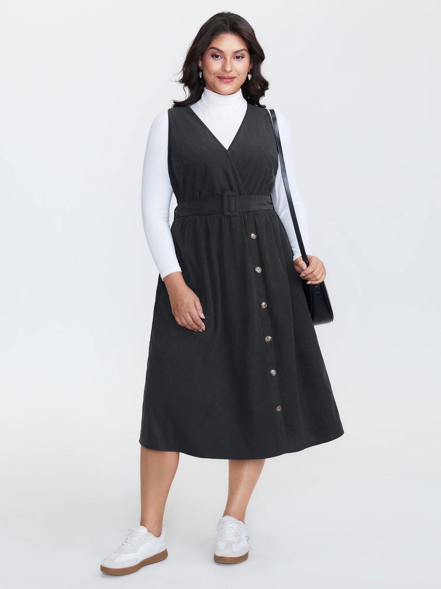 Corduroy Sleeveless Belted Side Midi Dress - Image 3