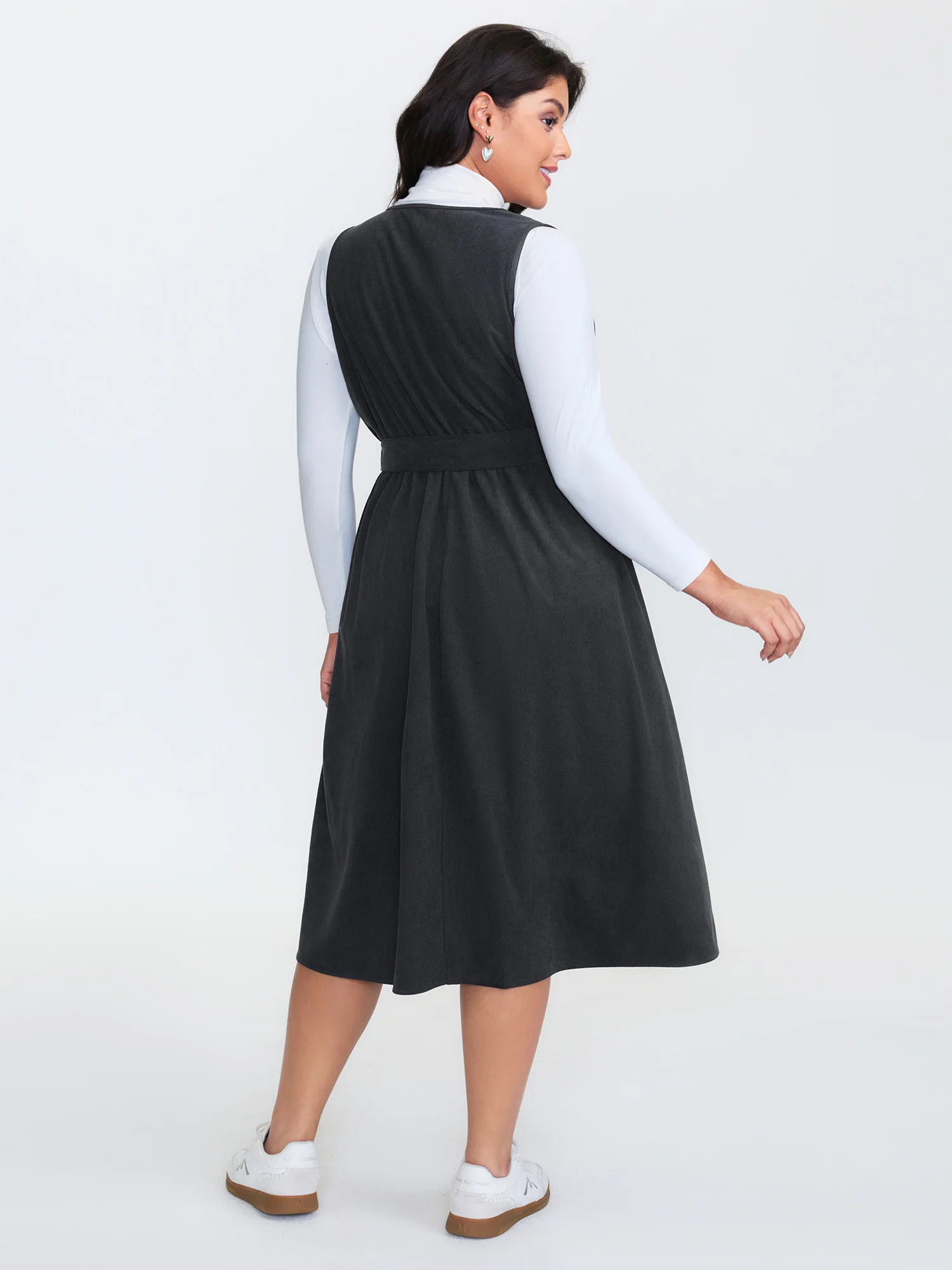 Corduroy Sleeveless Belted Side Midi Dress - Image 4