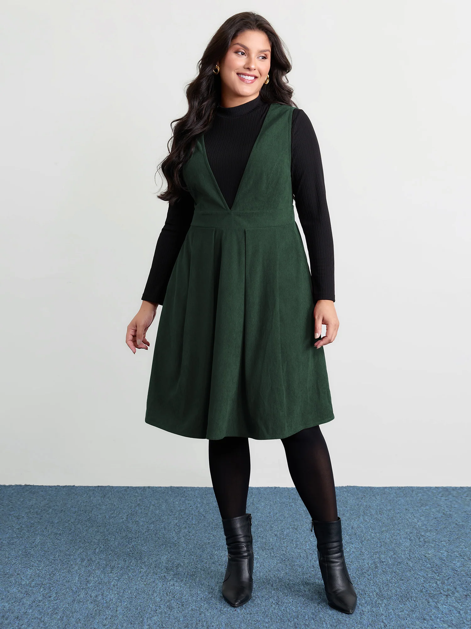 Corduroy Stretchy Waist V-Neck Mini Dress - Image 11