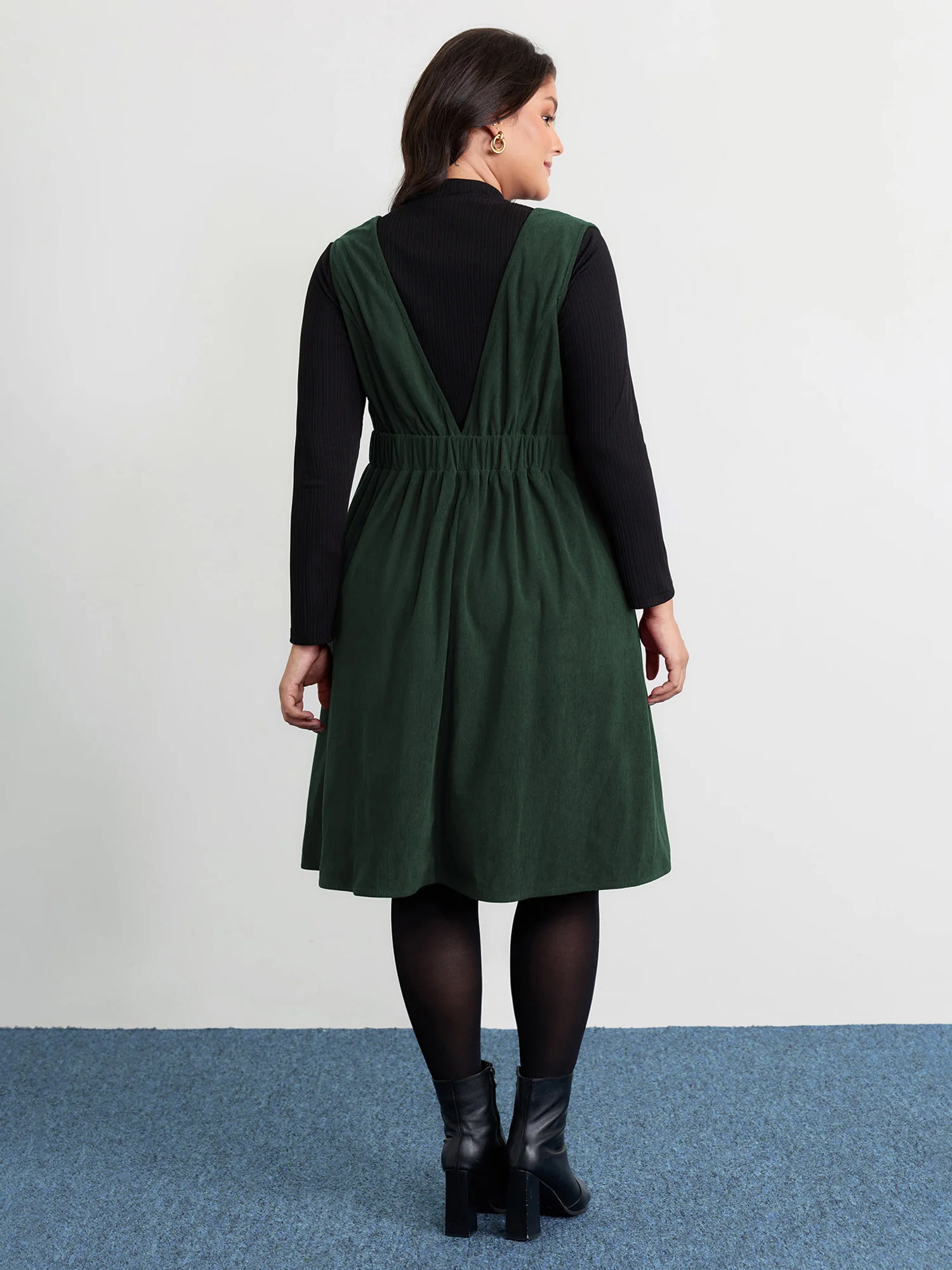 Corduroy Stretchy Waist V-Neck Mini Dress - Image 13