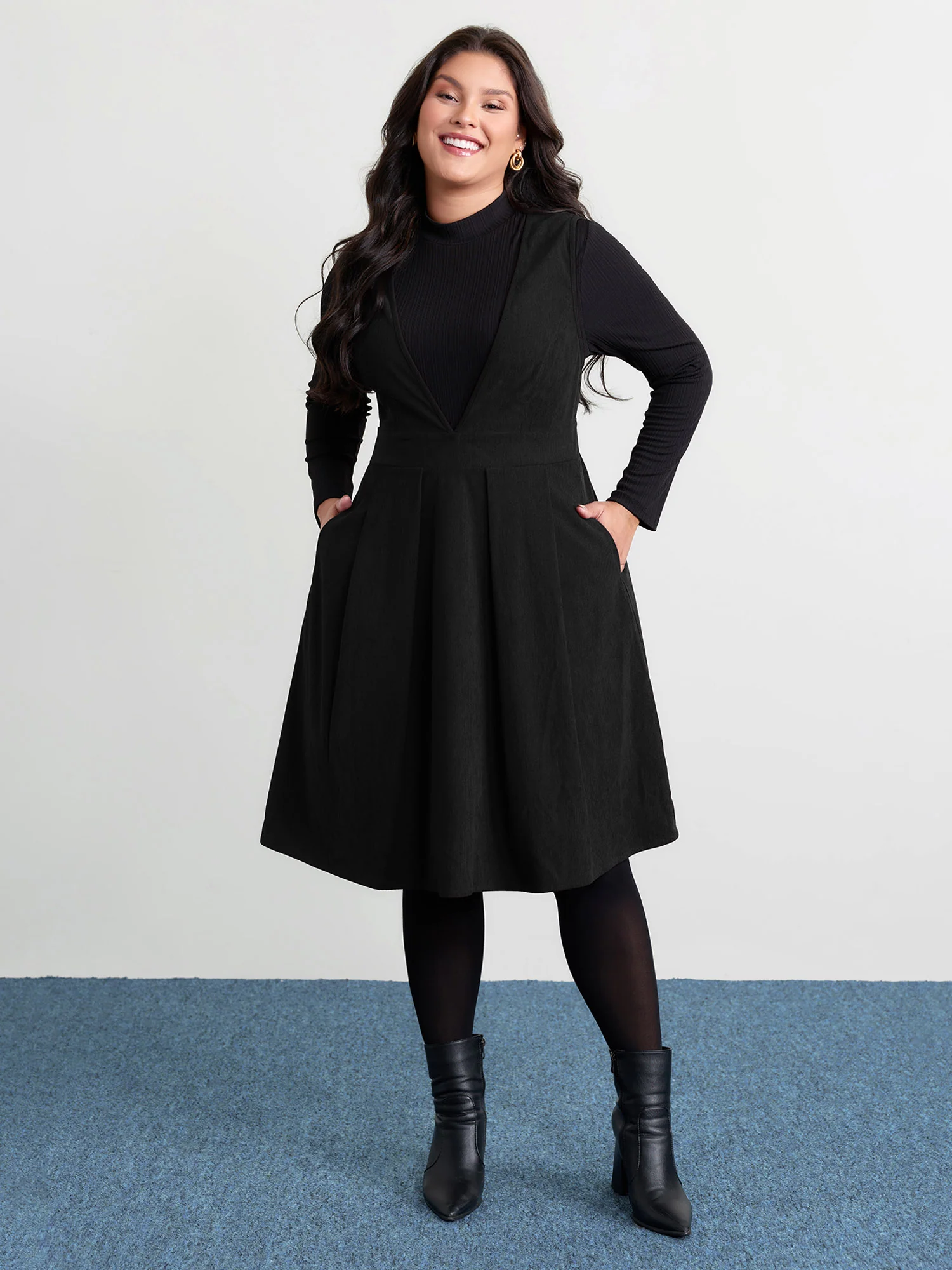 Corduroy Stretchy Waist V-Neck Mini Dress - Image 14