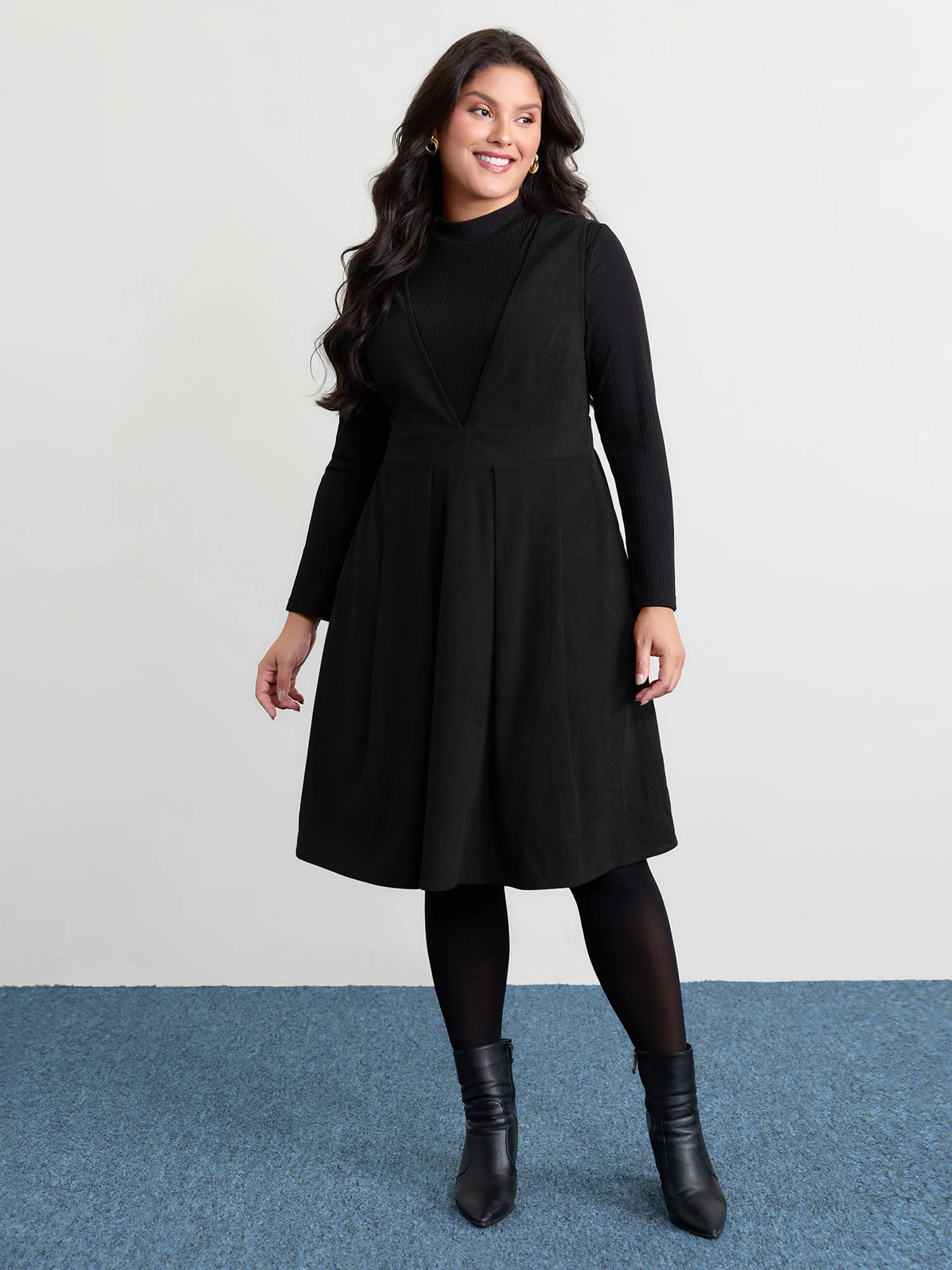 Corduroy Stretchy Waist V-Neck Mini Dress - Image 16