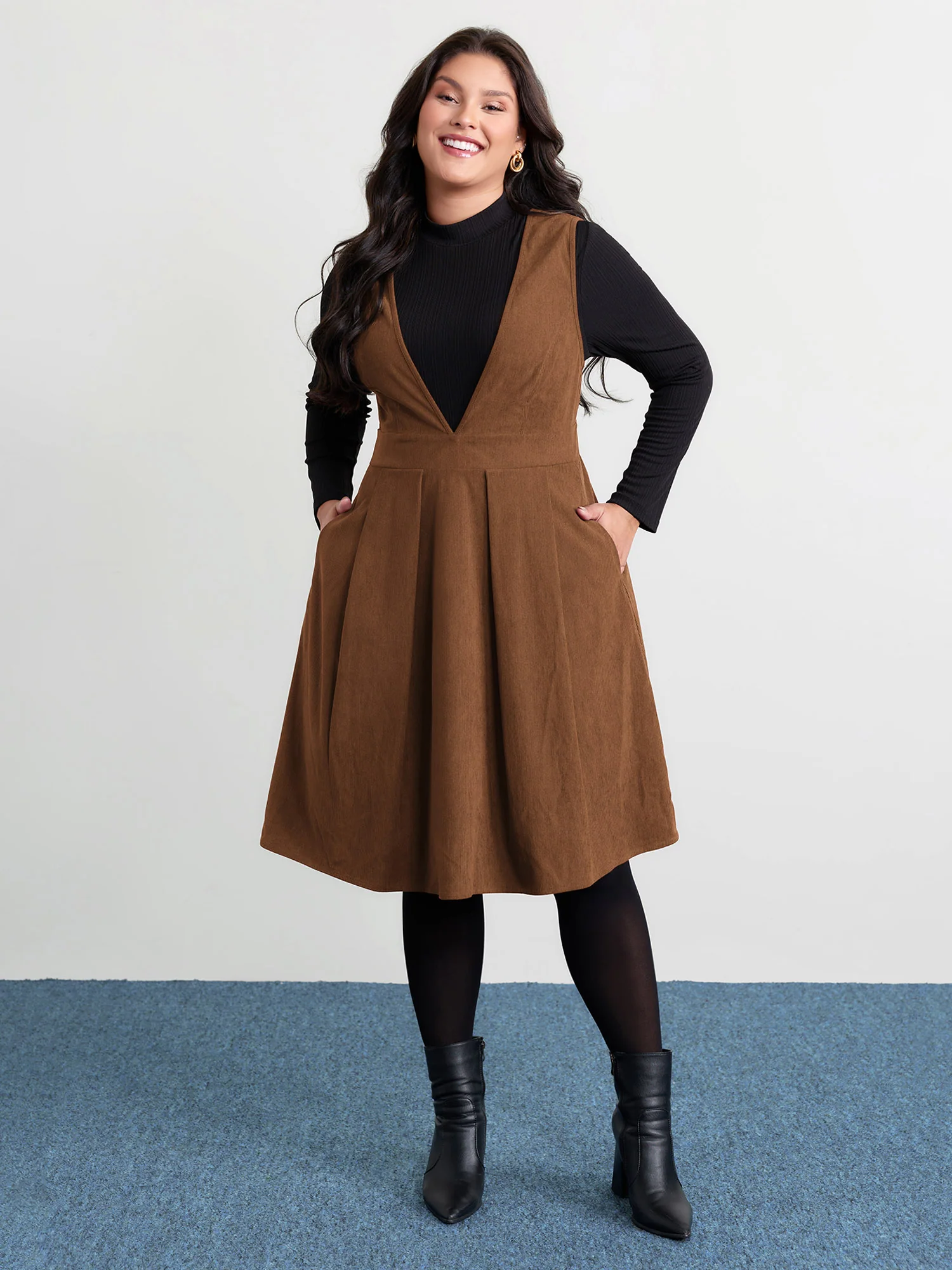 Corduroy Stretchy Waist V-Neck Mini Dress - Image 19