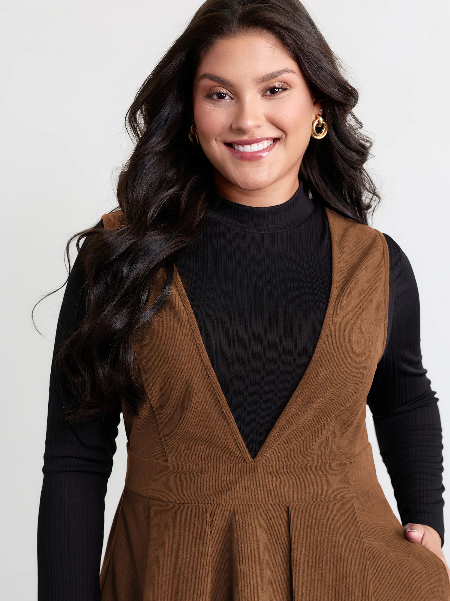 Corduroy Stretchy Waist V-Neck Mini Dress - Image 20