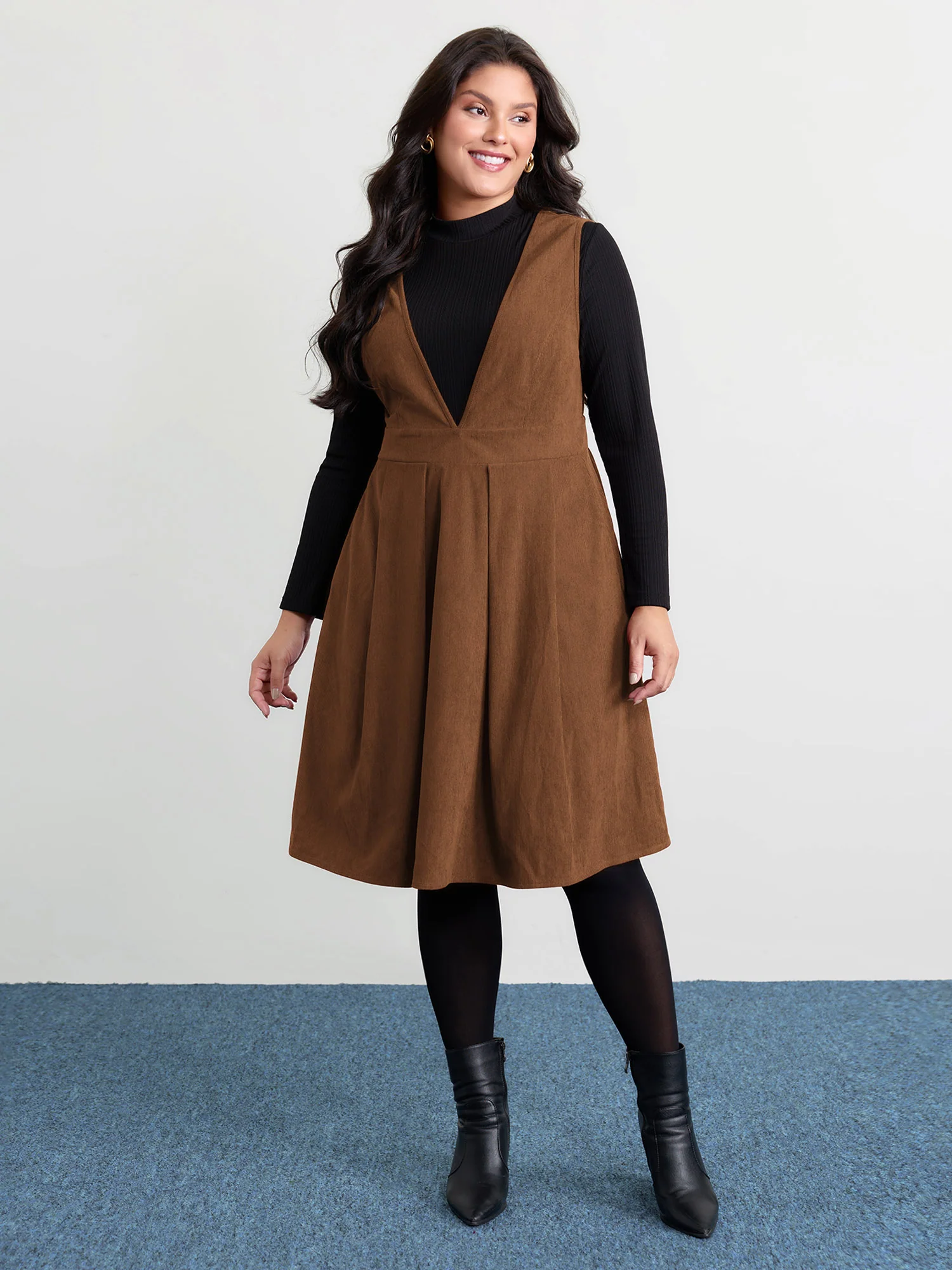 Corduroy Stretchy Waist V-Neck Mini Dress - Image 21