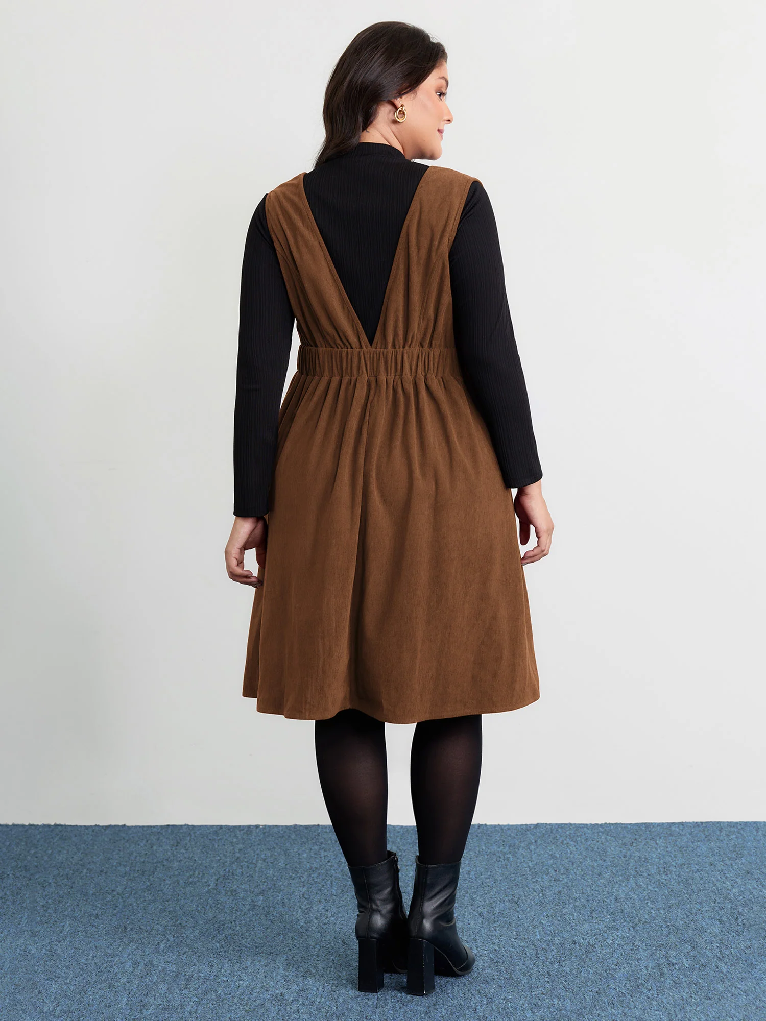 Corduroy Stretchy Waist V-Neck Mini Dress - Image 23