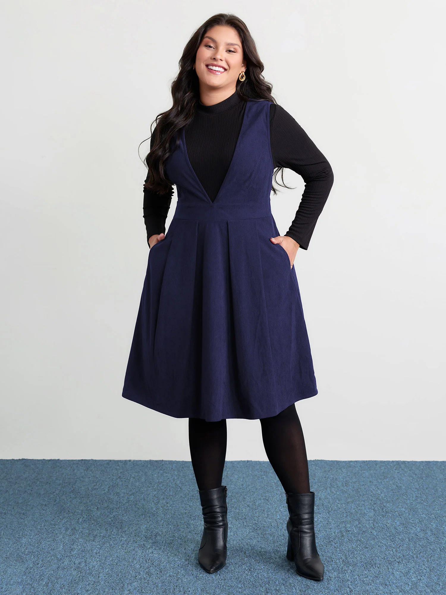 Corduroy Stretchy Waist V-Neck Mini Dress - Image 24