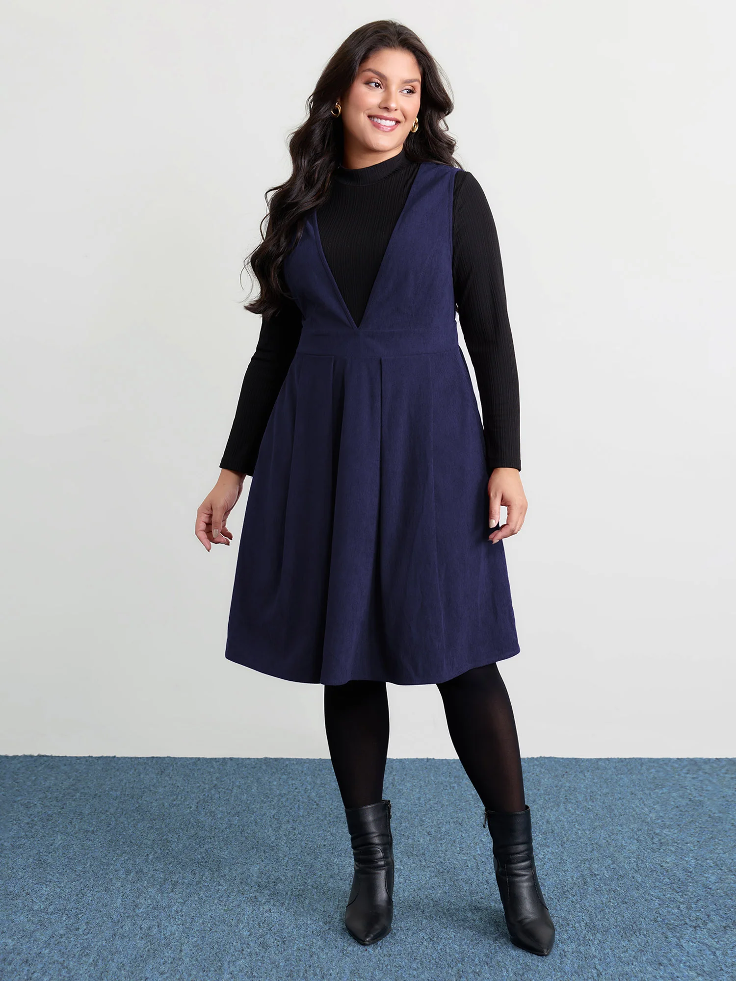 Corduroy Stretchy Waist V-Neck Mini Dress - Image 26