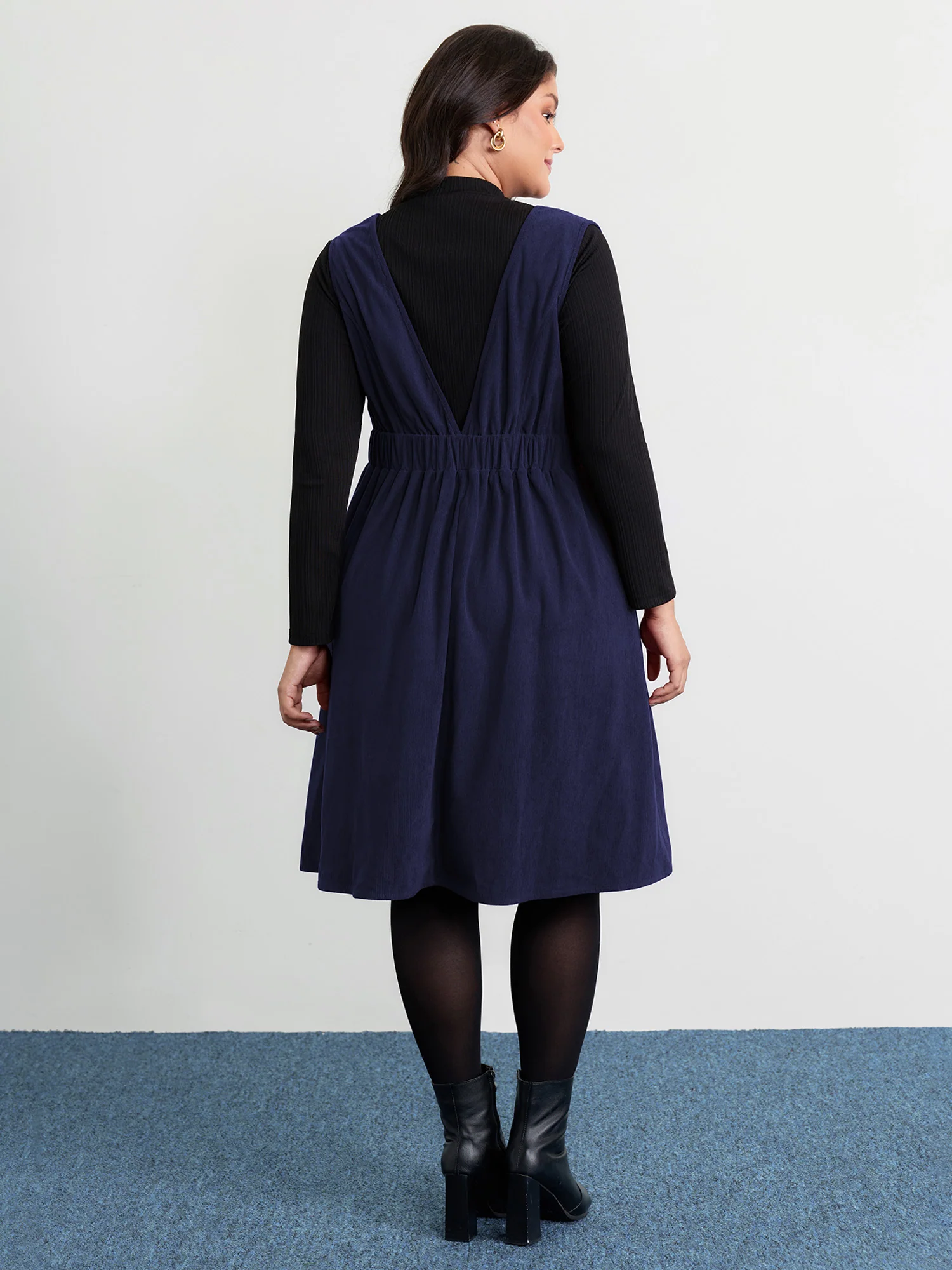 Corduroy Stretchy Waist V-Neck Mini Dress - Image 28