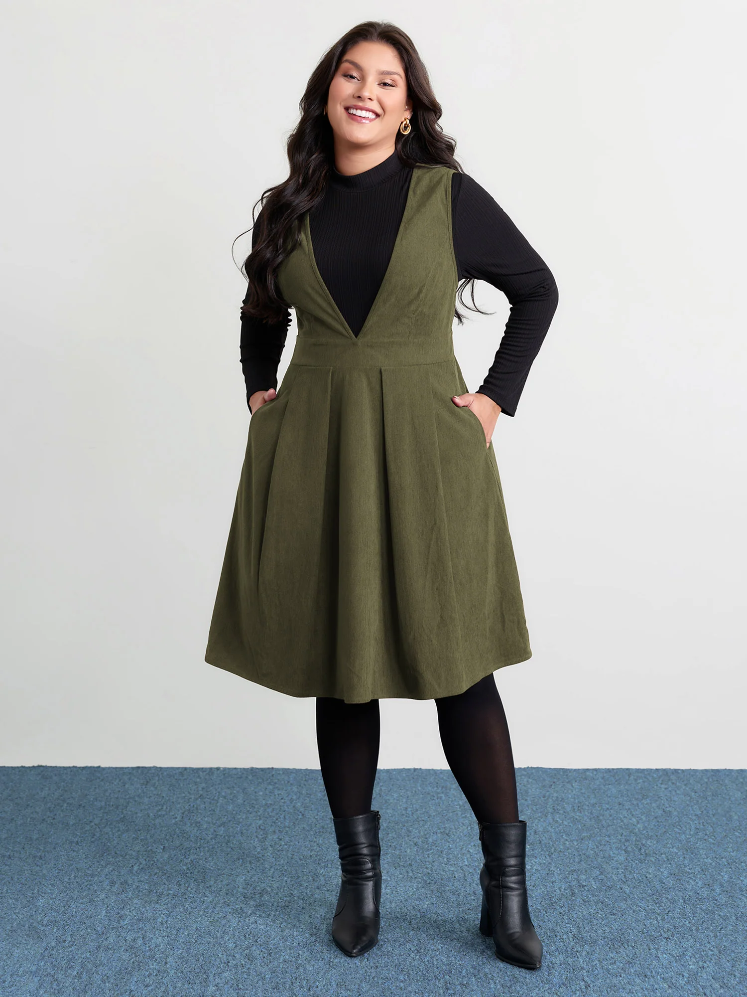 Corduroy Stretchy Waist V-Neck Mini Dress - Image 29