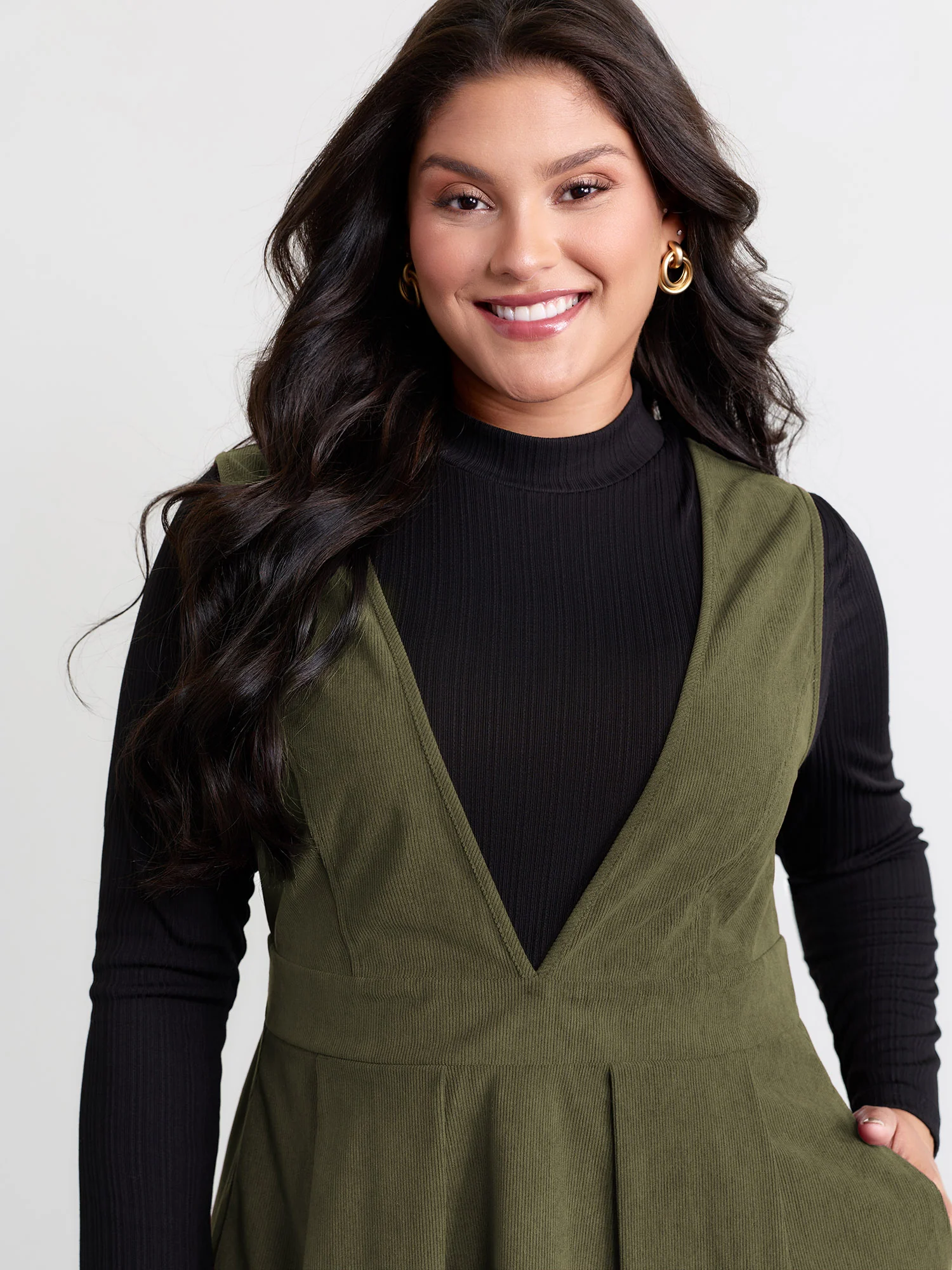 Corduroy Stretchy Waist V-Neck Mini Dress - Image 30