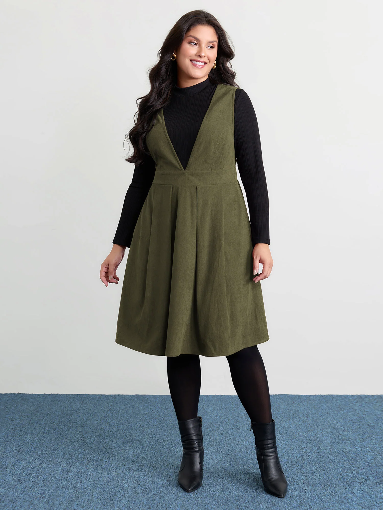 Corduroy Stretchy Waist V-Neck Mini Dress - Image 31