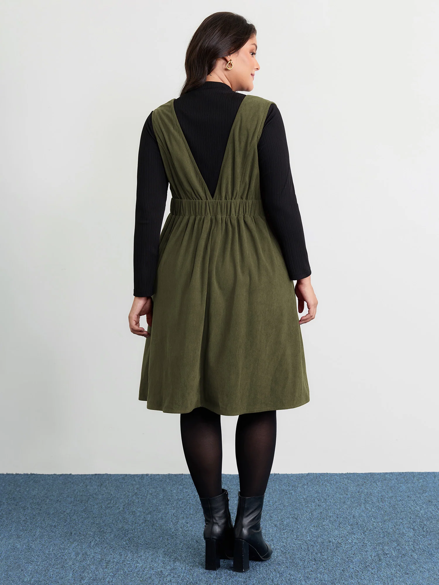 Corduroy Stretchy Waist V-Neck Mini Dress - Image 33
