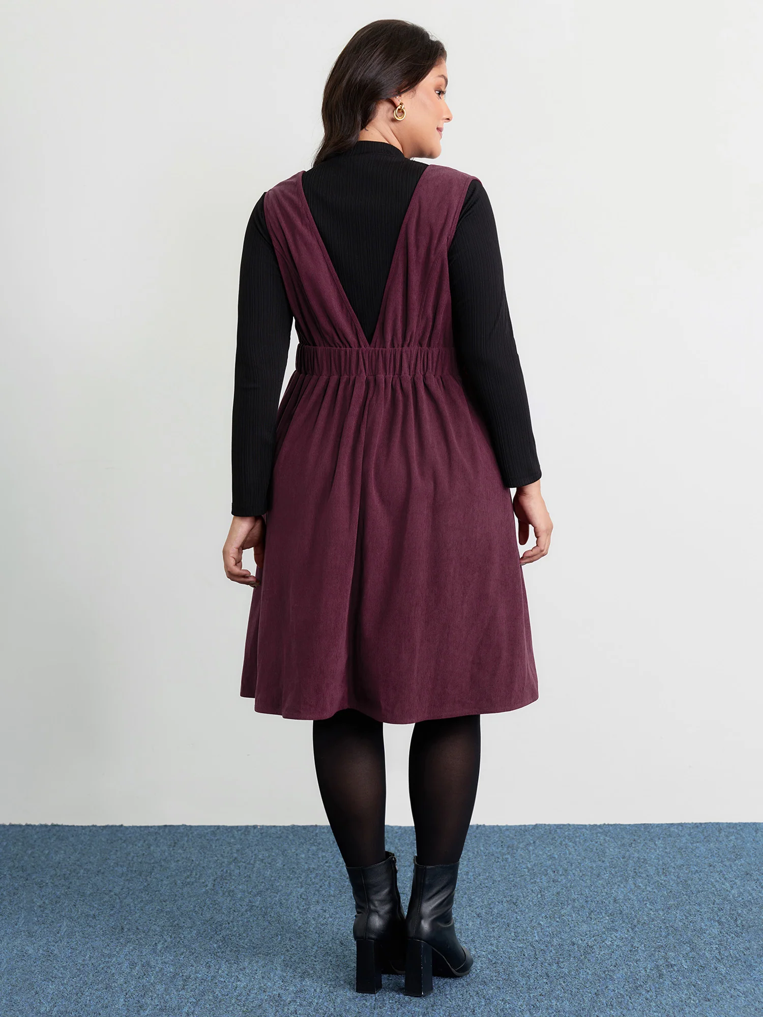 Corduroy Stretchy Waist V-Neck Mini Dress - Image 5
