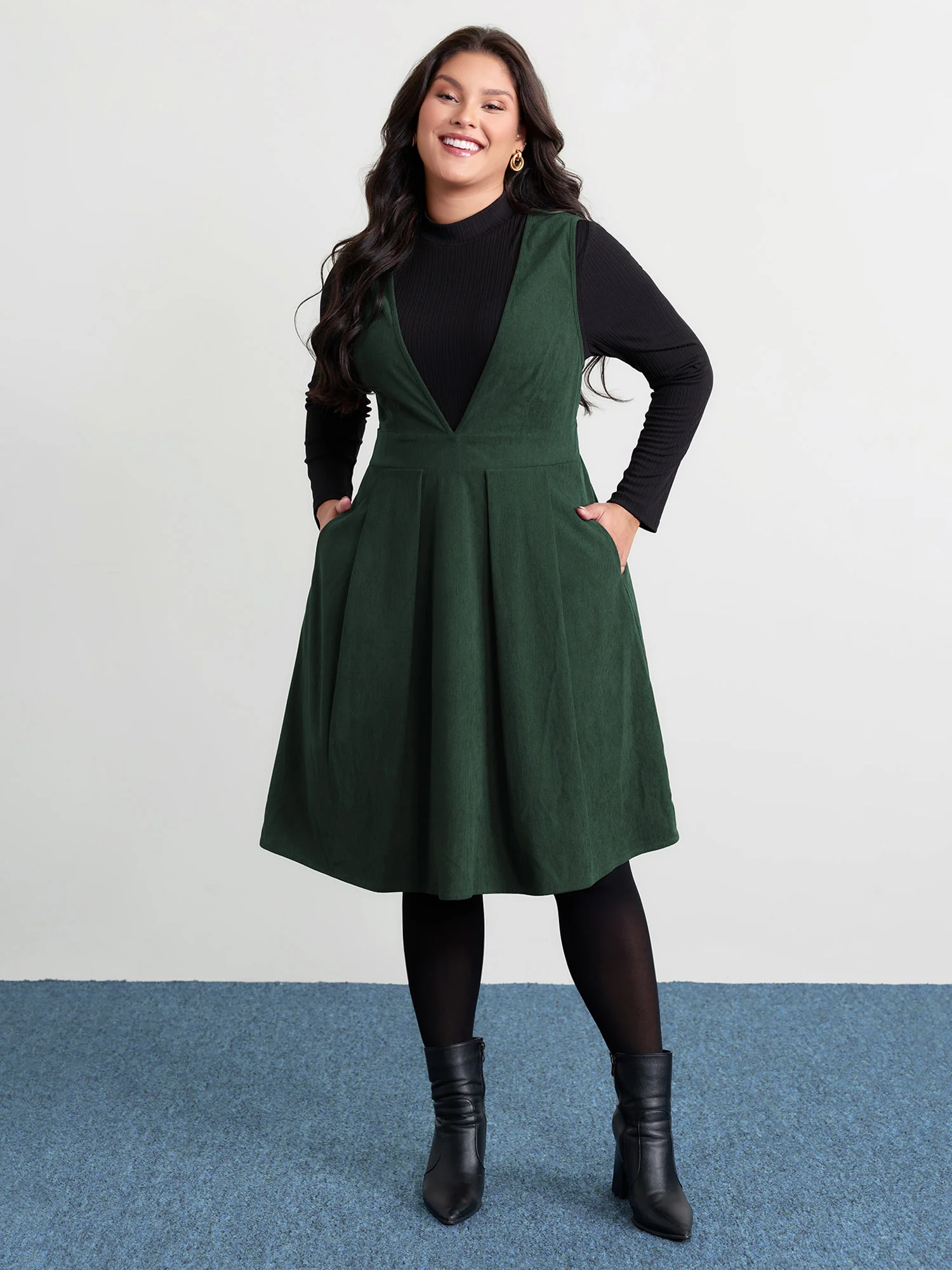 Corduroy Stretchy Waist V-Neck Mini Dress - Image 9