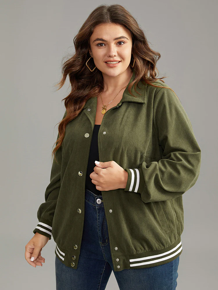 Corduroy Striped Trim Button Up Jacket - Image 3