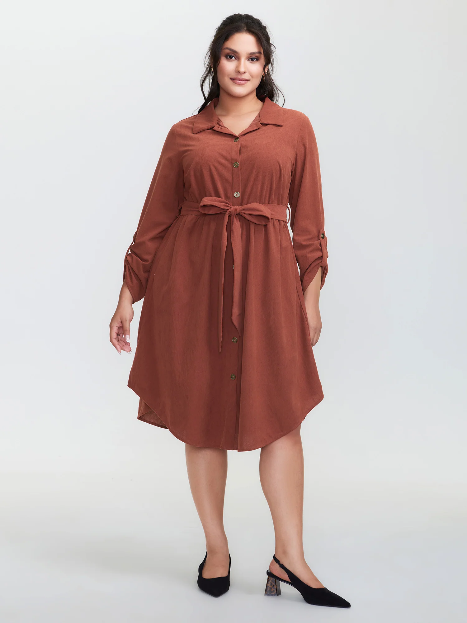 Corduroy Tab Sleeve Belted Midi Dress - Image 3