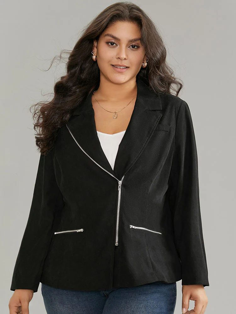 Solid Corduroy Zipper Lapel Collar Blazer - Image 4