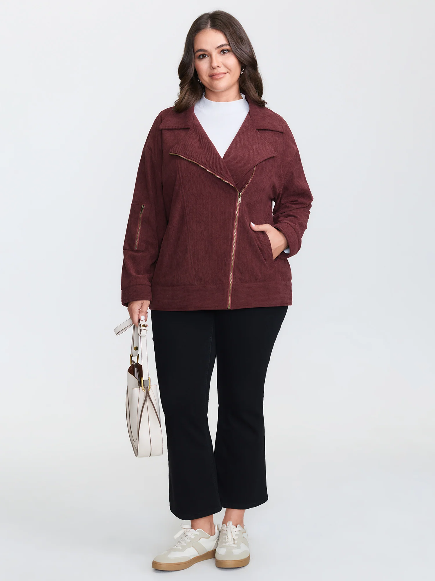 Corduroy Zipper Notched Lapels Pocket Jacket - Image 2