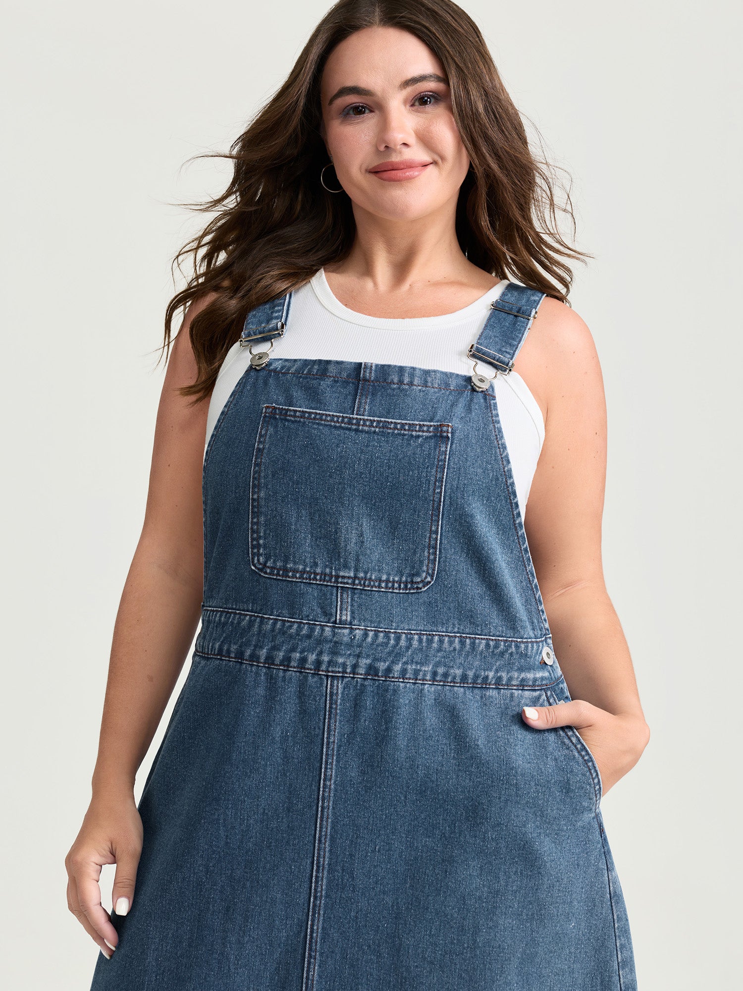 Cotton Adjustable Back Slit Overall Midi Denim Dress - Image 2