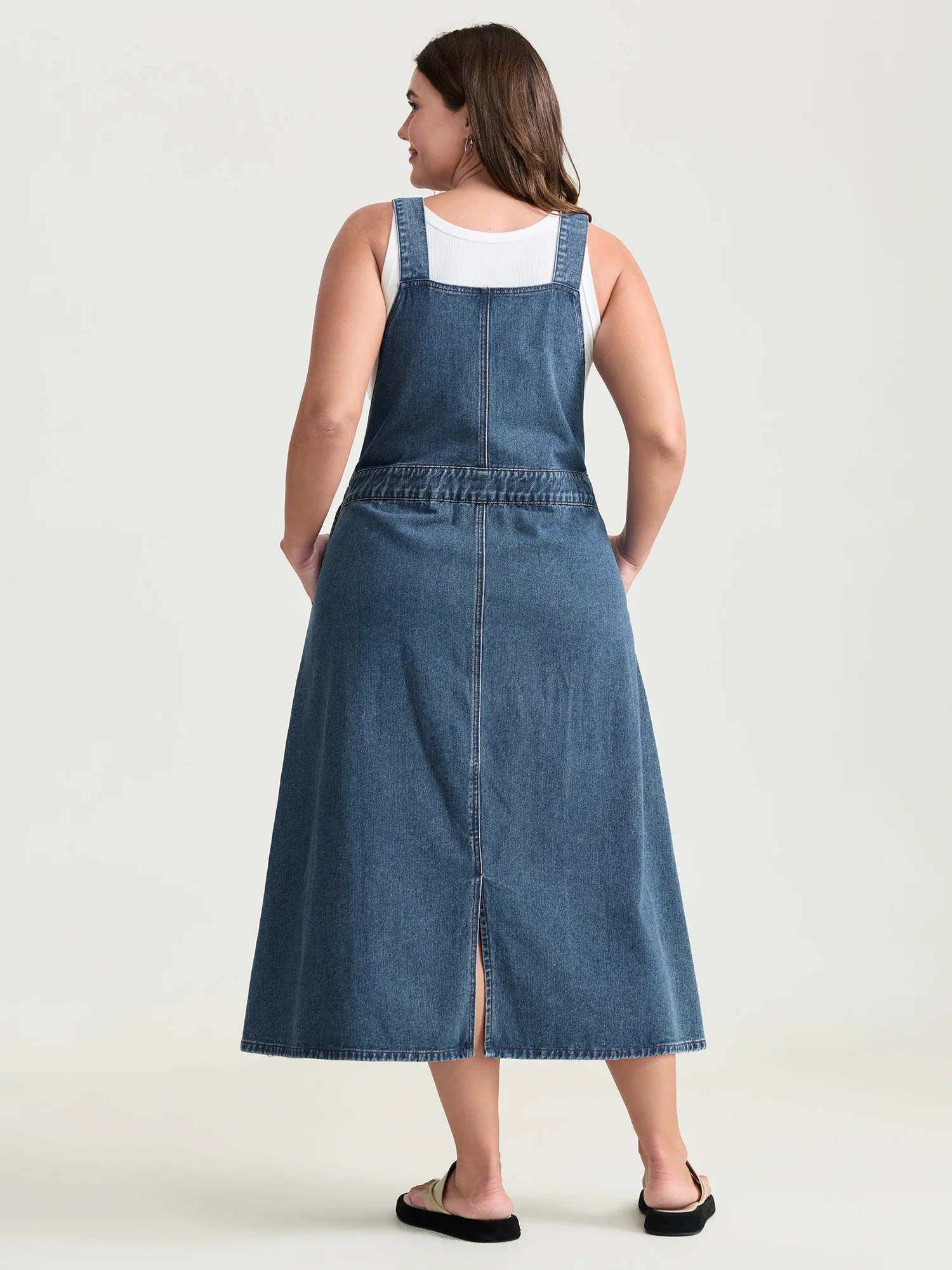 Cotton Adjustable Back Slit Overall Midi Denim Dress - Image 4