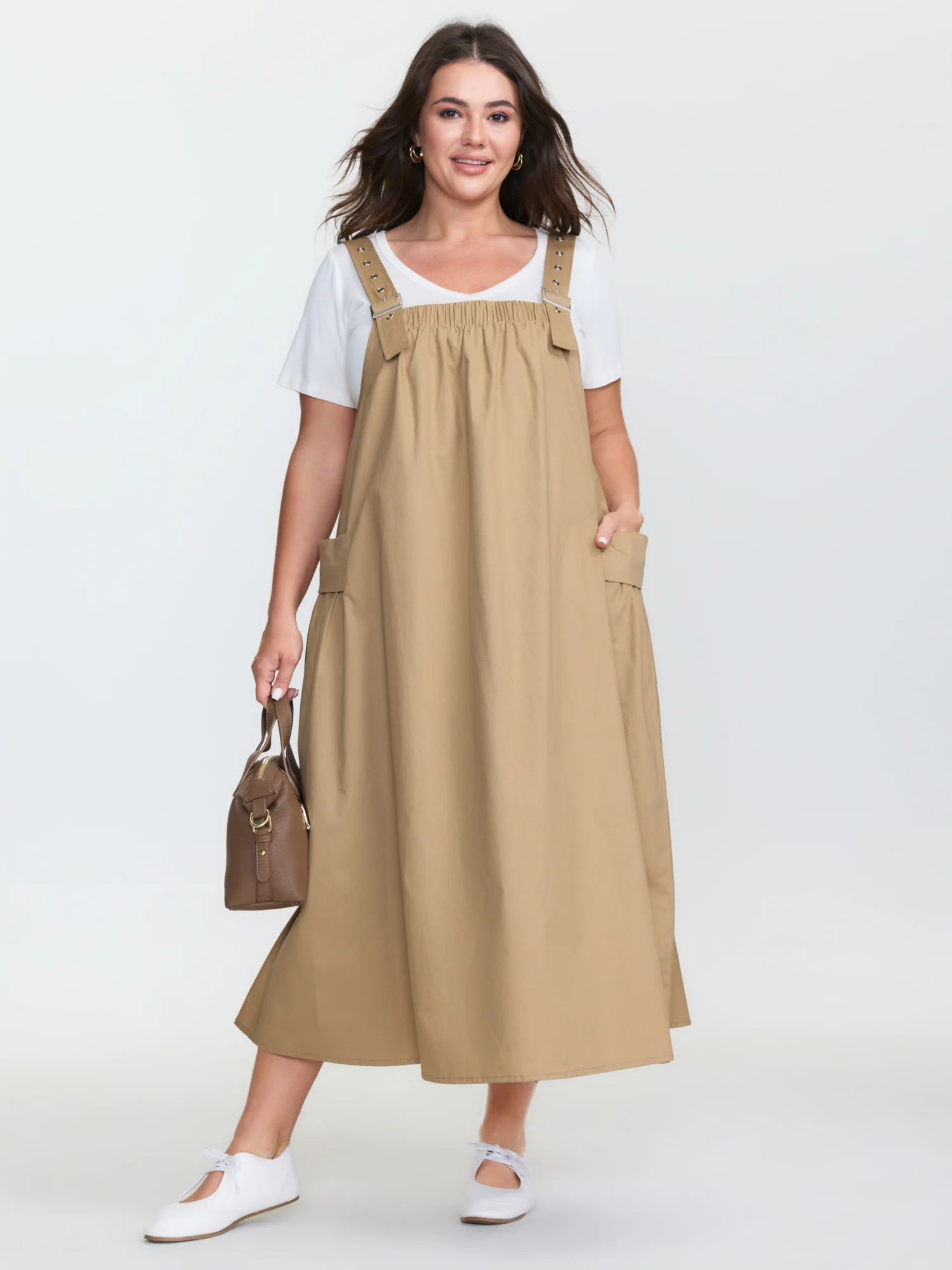 Cotton Adjustable Pockets Overall Maxi Dress