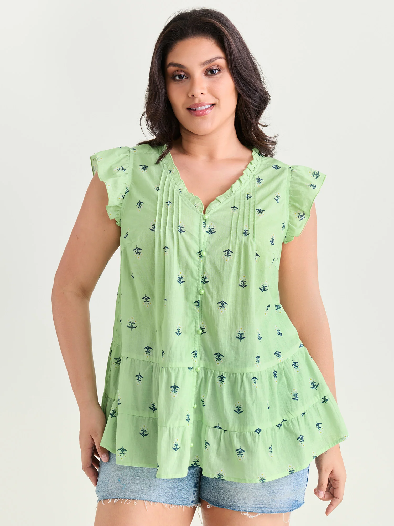 Cotton Anchor Print Lace Ruffled Sleeve Blouse